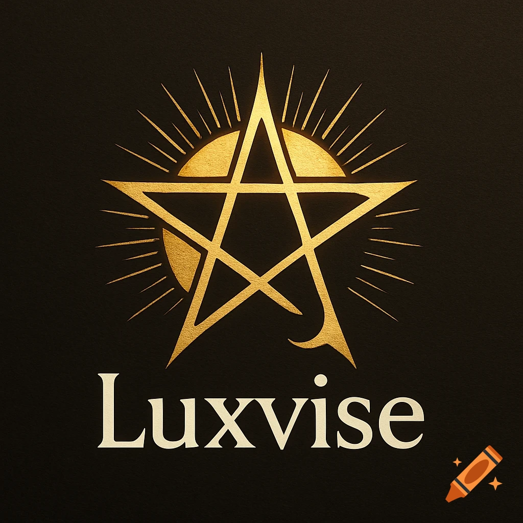 Golden pentagram and radiating sun symbol above the word 'Luxvise' on a dark background.