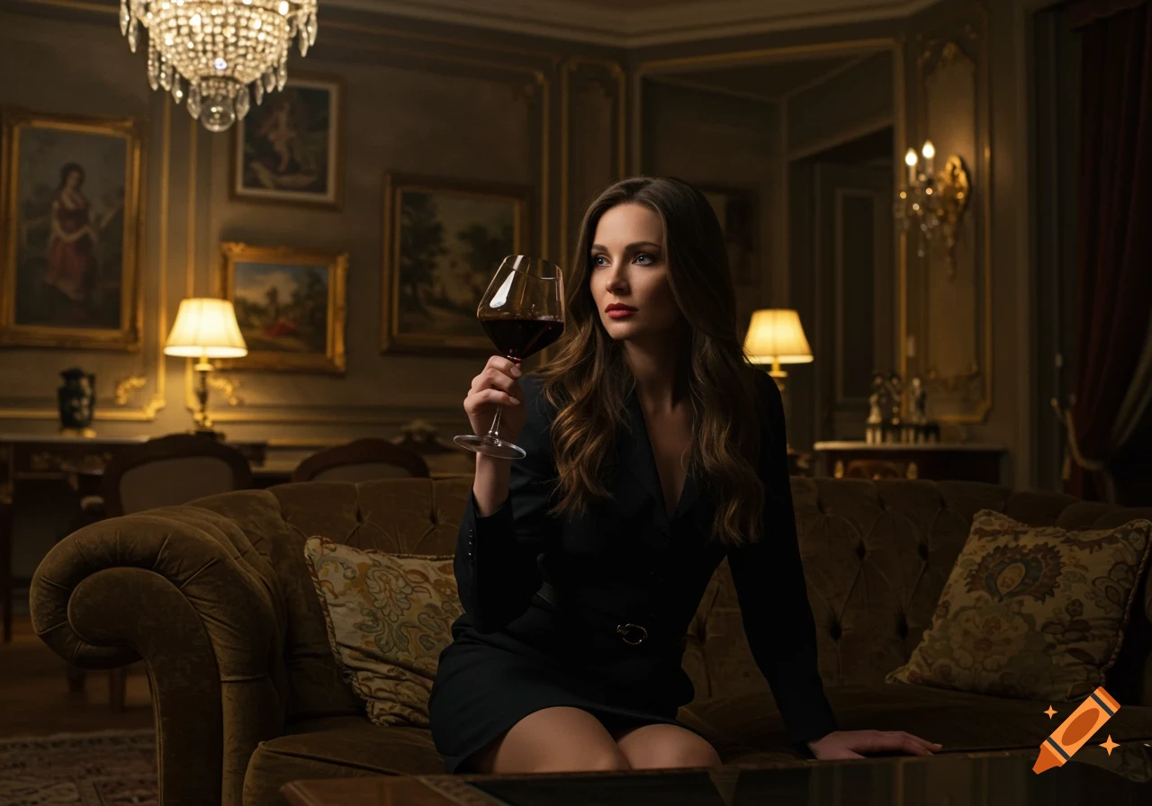 Photorealistic portrait of a classy woman with dark hair and blue eyes, wearing a black dress, holding red wine in a luxurious, dim room.