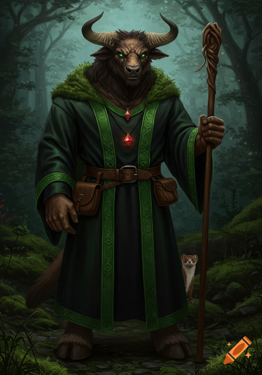 Photorealistic portrait of a majestic minotaur in an emerald robe holding a staff, with a weasel, in a forest.