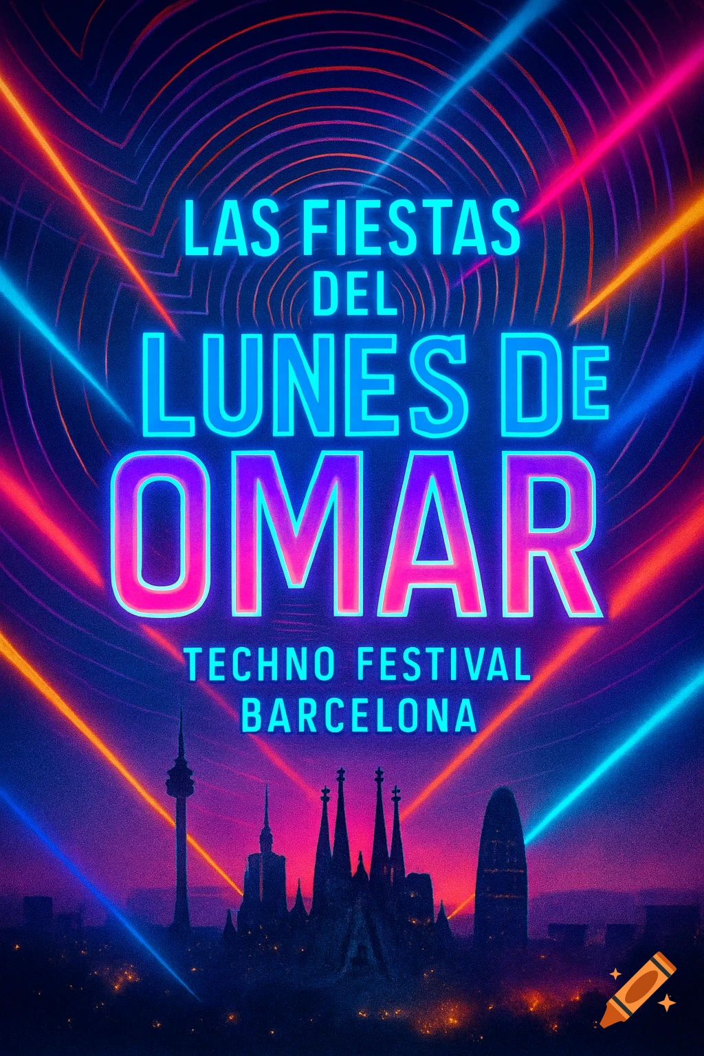 Vibrant neon poster for a techno festival in Barcelona with glowing text and city skyline silhouette.