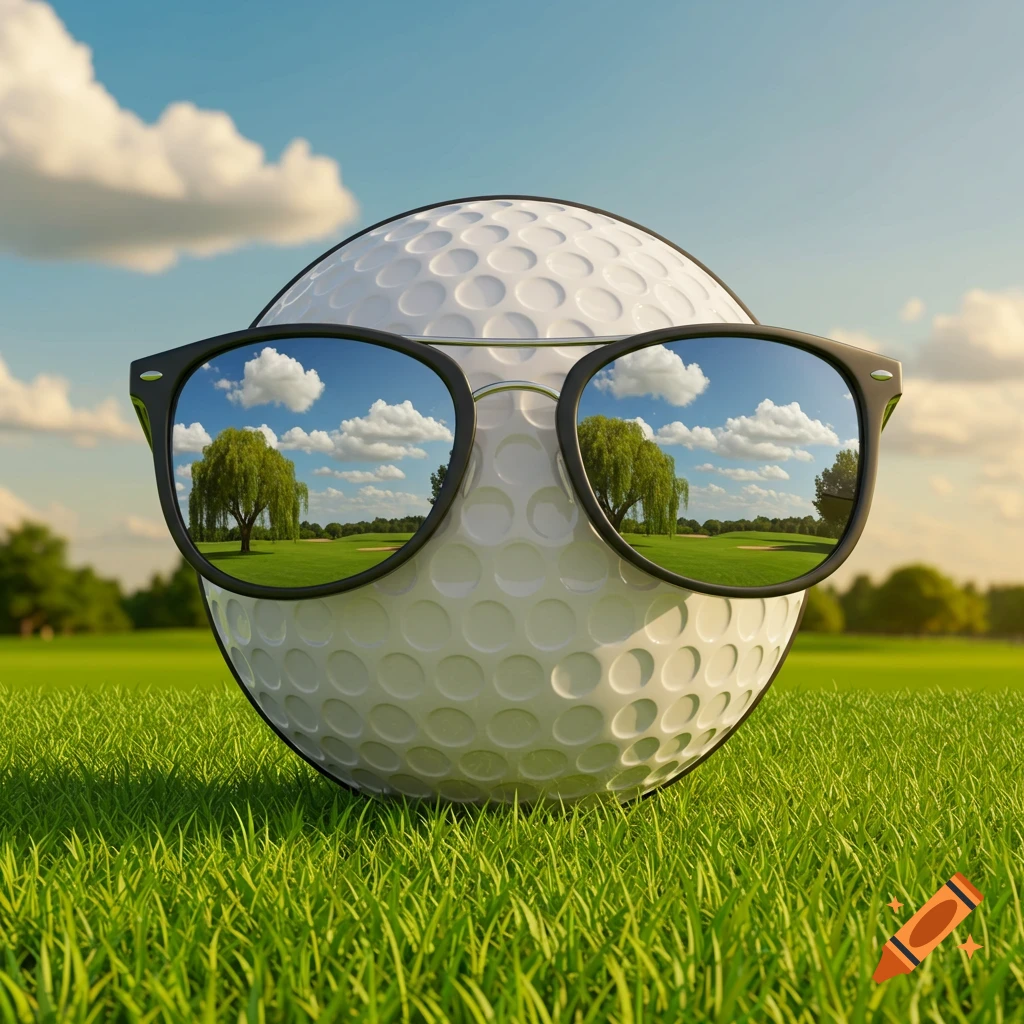 Photorealistic golf ball wearing black sunglasses on a grassy golf course, reflecting a sunny sky and a large tree.