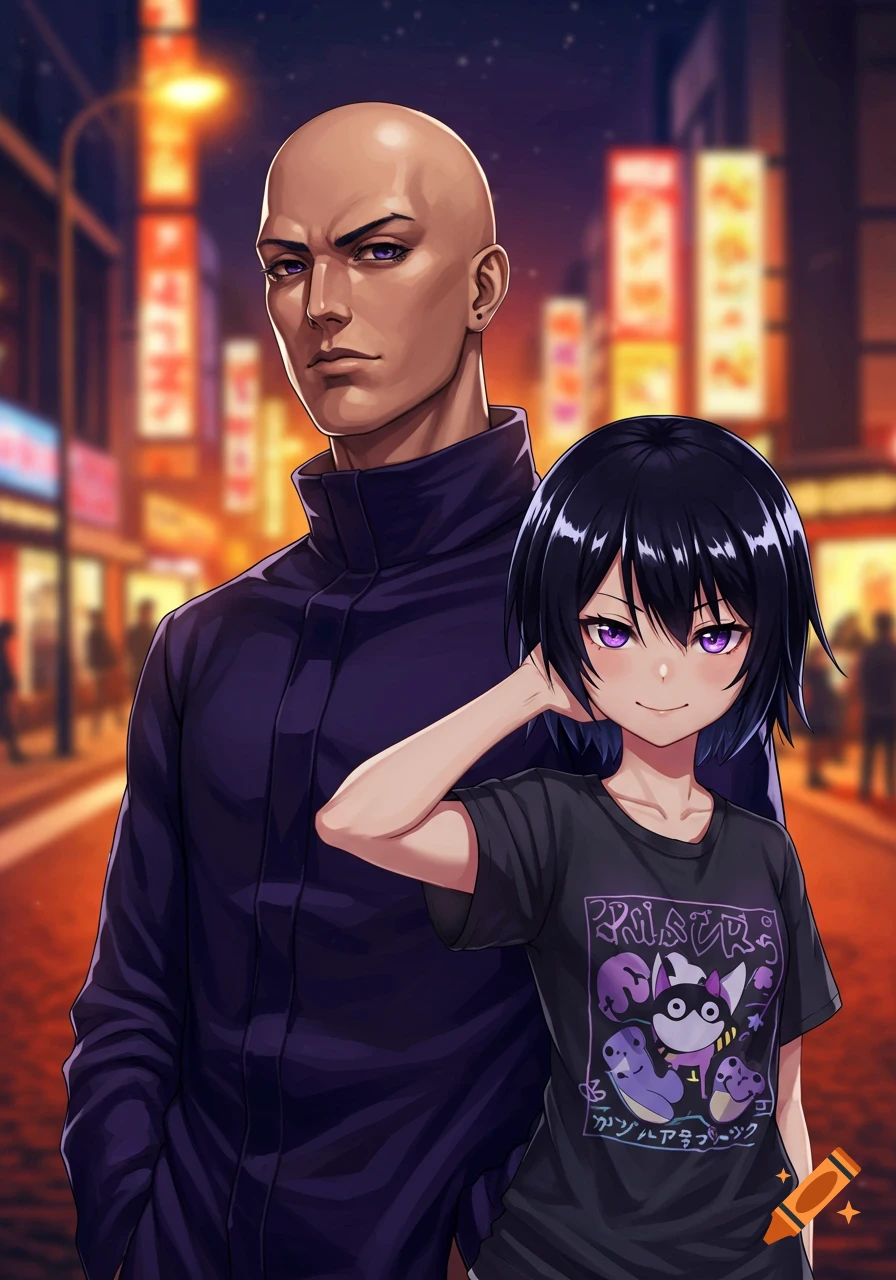 Anime art of a bald man and a girl with black hair and purple eyes standing on a lit city street at night.