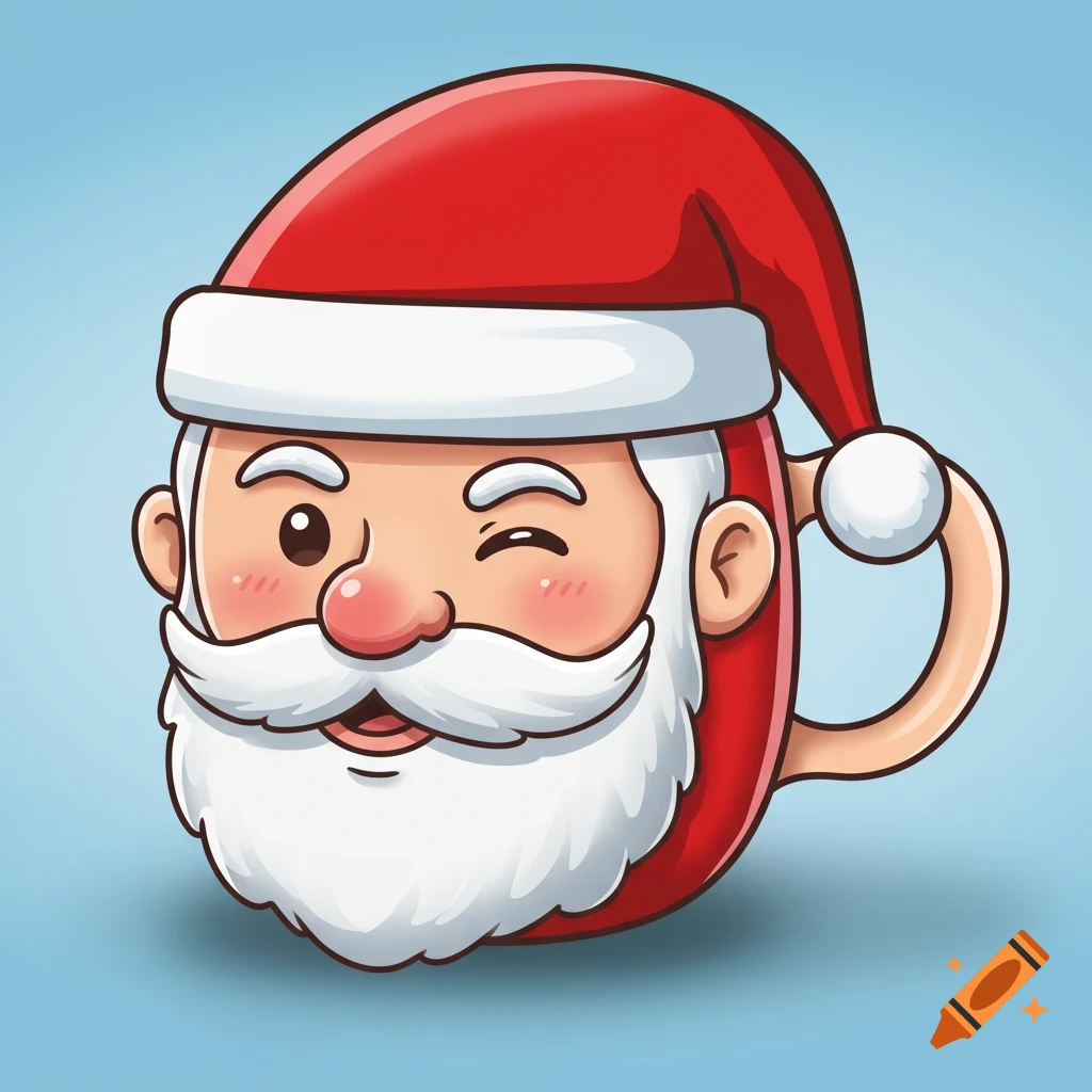 Cartoon illustration of Santa Claus's face winking, depicted as a 3D cup on a blue background.