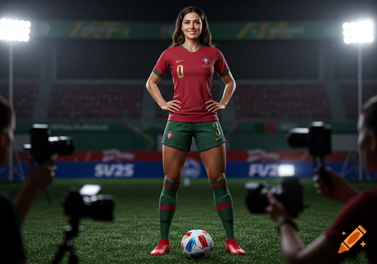 Photorealistic portrait of a female Portuguese soccer player in her uniform on a media day at a stadium.