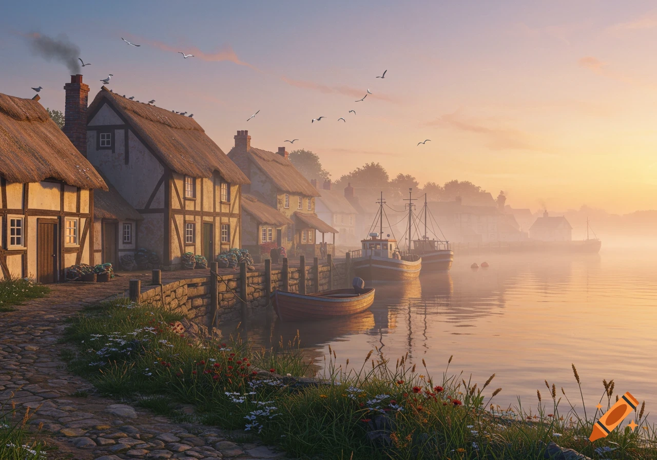 A serene fishing village at sunrise, with boats docked along a cobblestone path lined with thatched-roof houses and a misty bay.