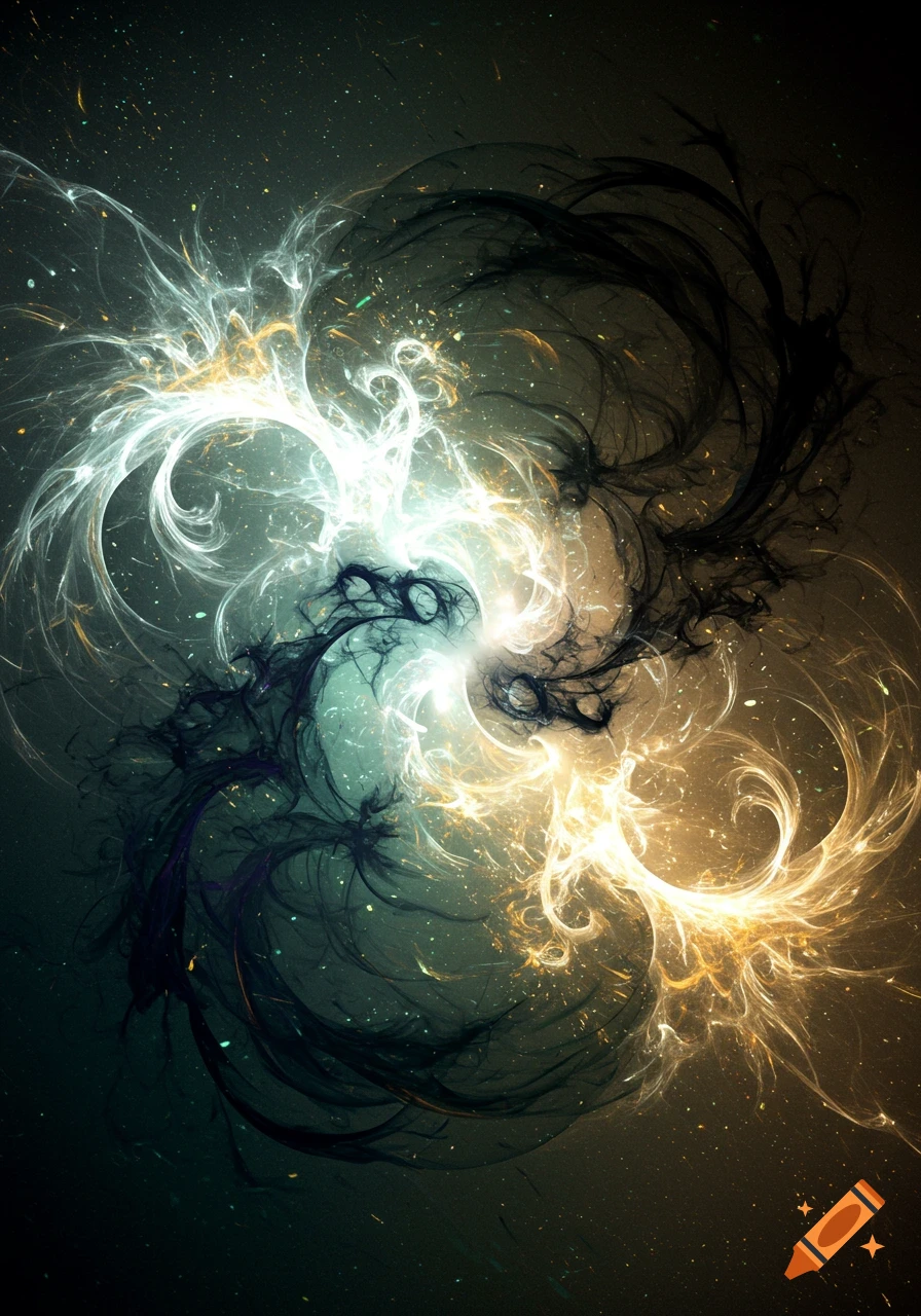 Abstract swirling patterns of glowing white and gold light contrasting with dark tendrils against a dark, speckled background.