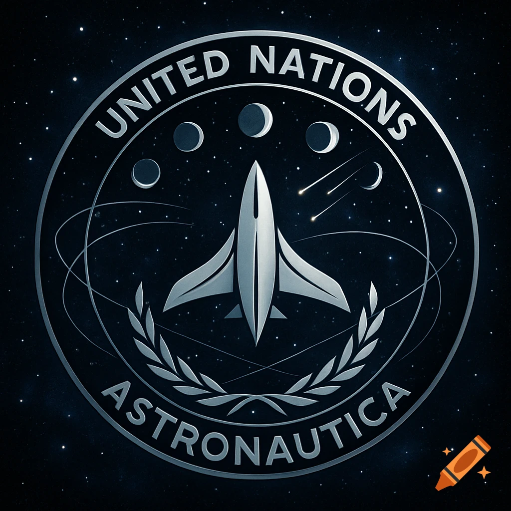 Metallic emblem featuring a stylized spaceship, planets, and stars, with 'United Nations Astronautica' text.