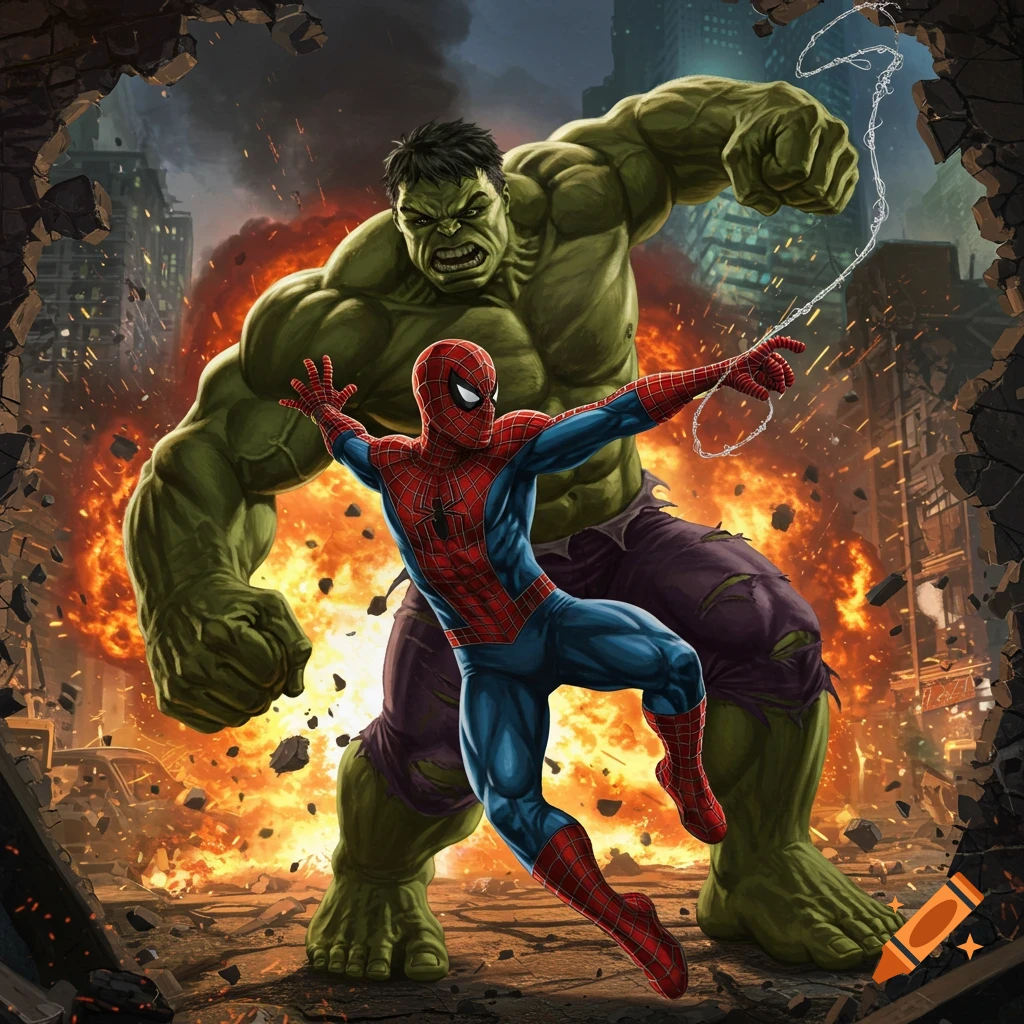 Spider-Man and Hulk battle in a destroyed city with fiery explosions, in a dynamic comic book illustration.