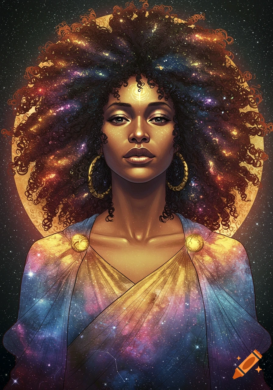 Fantasy portrait of a Black woman with star-filled curly hair and cosmic gown, glowing against a starry sky with a golden halo.