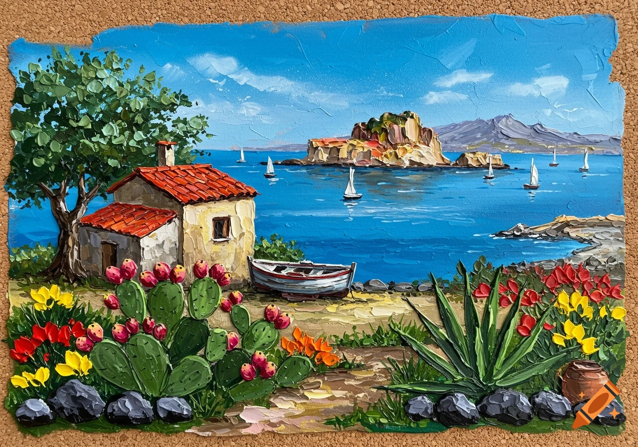Vibrant palette knife painting of a Mediterranean coast with a rustic house, boats, cacti, and flowers by the sea, an island in the background.