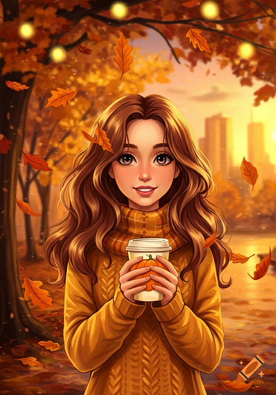 Anime girl in a yellow sweater and plaid scarf, holding a pumpkin spice latte as autumn leaves fall around her.