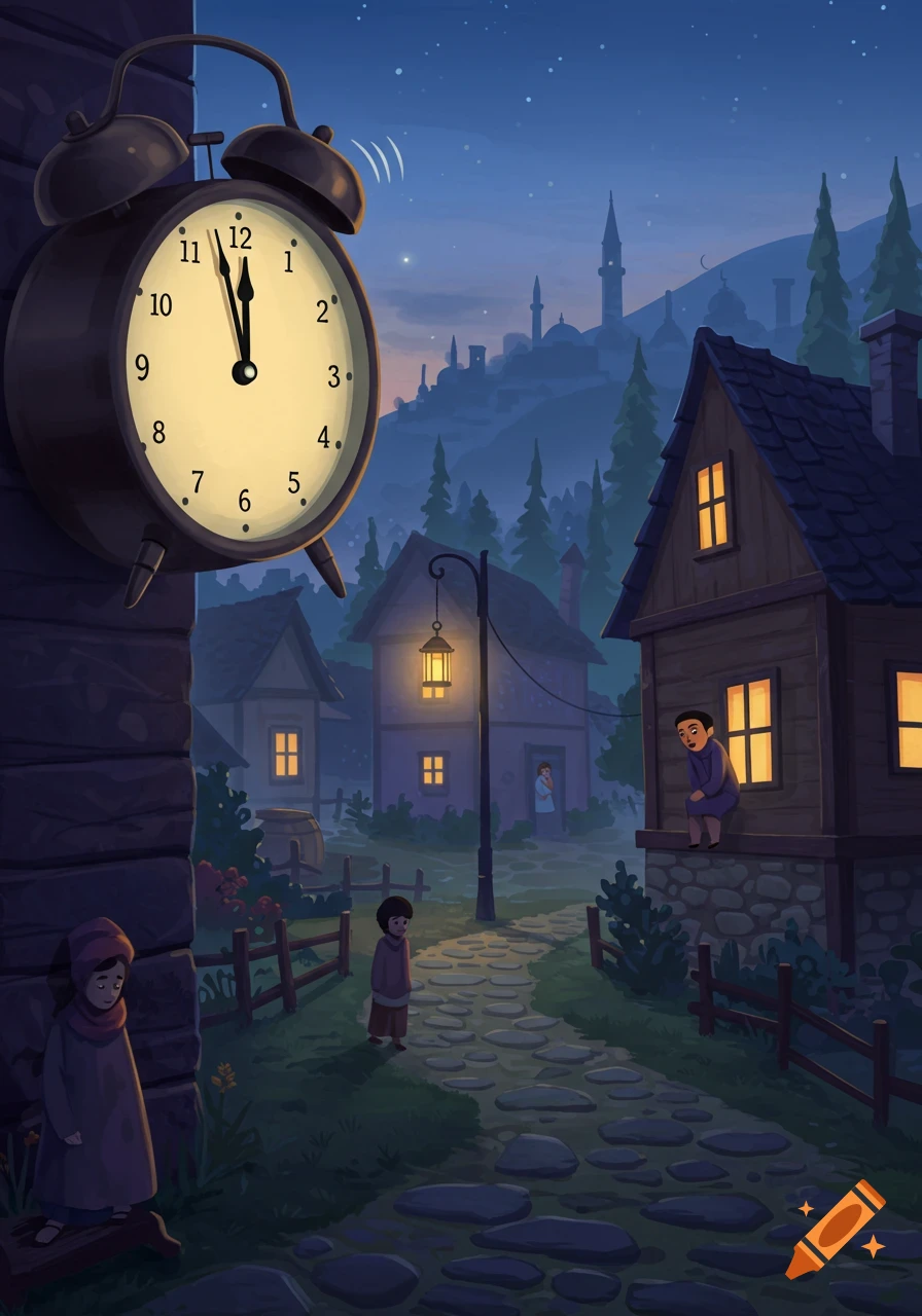 A stylized illustration of an alarm clock ringing in a dark village at night, with children outside houses and mosque towers in the background.