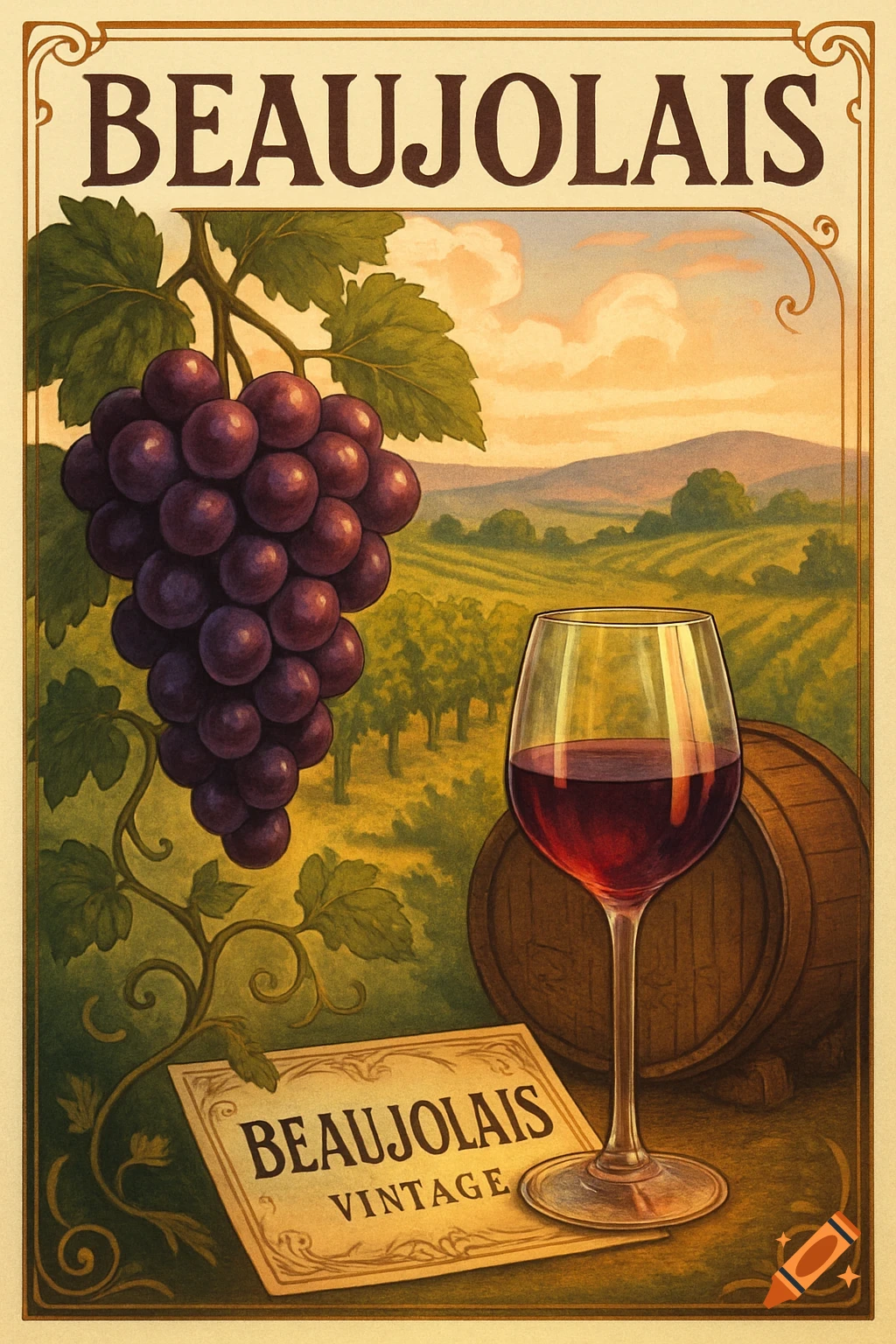Vintage poster advertising Beaujolais wine, showing grapes, a glass of red wine, a barrel, and a vineyard landscape.