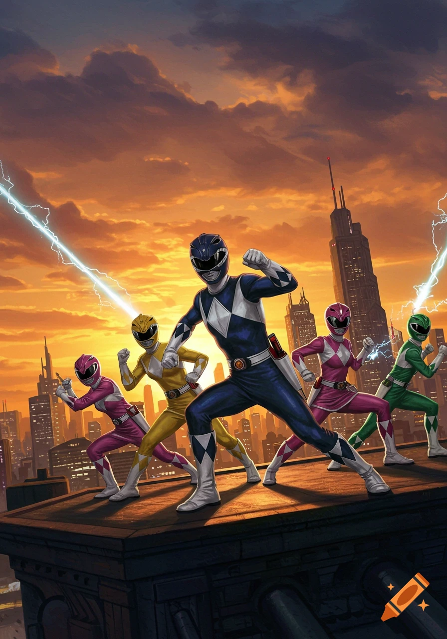 Five Power Rangers, including blue, yellow, and pink, pose heroically on a rooftop overlooking a cityscape at sunset, with lightning in the sky.