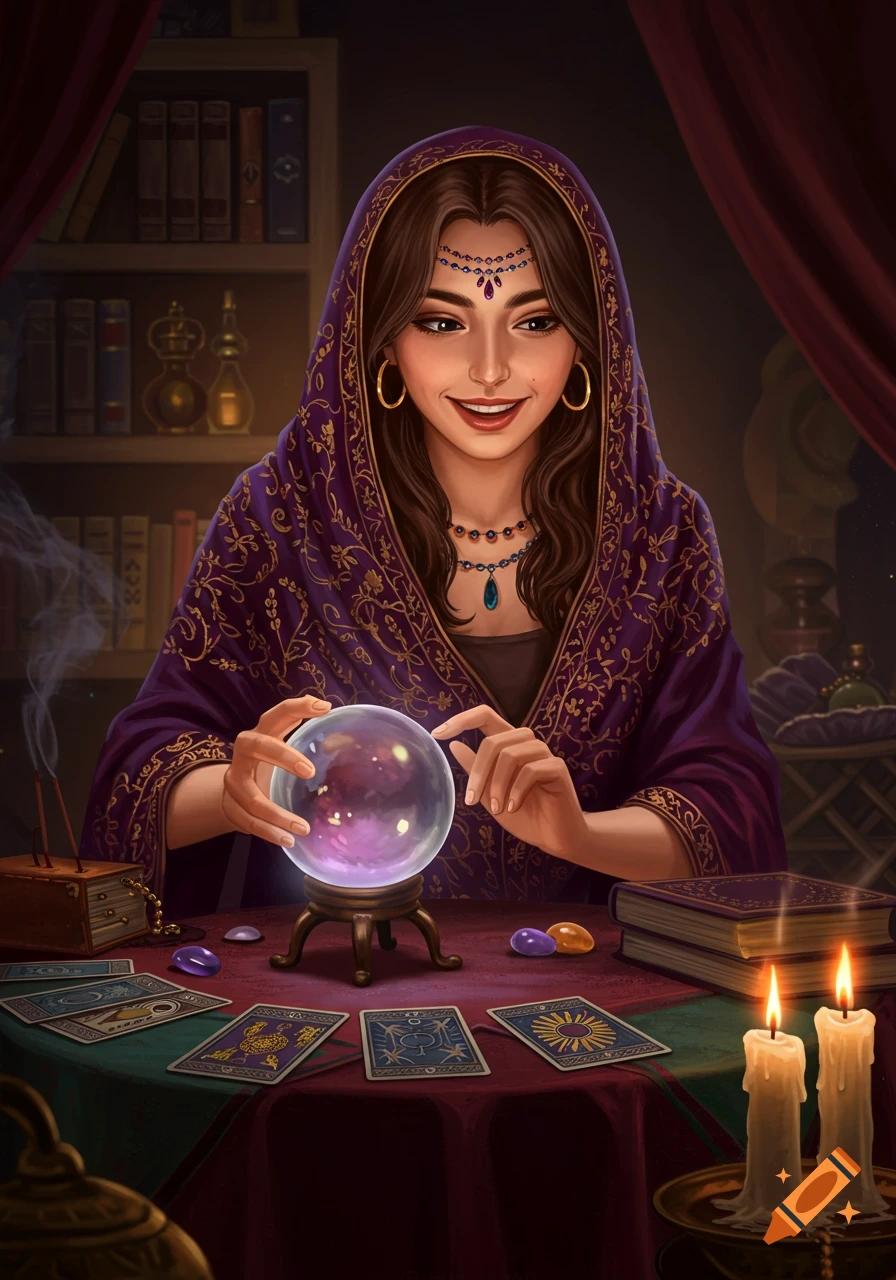 A smiling fortune teller with dark hair and a purple veil gazes into a glowing crystal ball, surrounded by tarot cards and candles.
