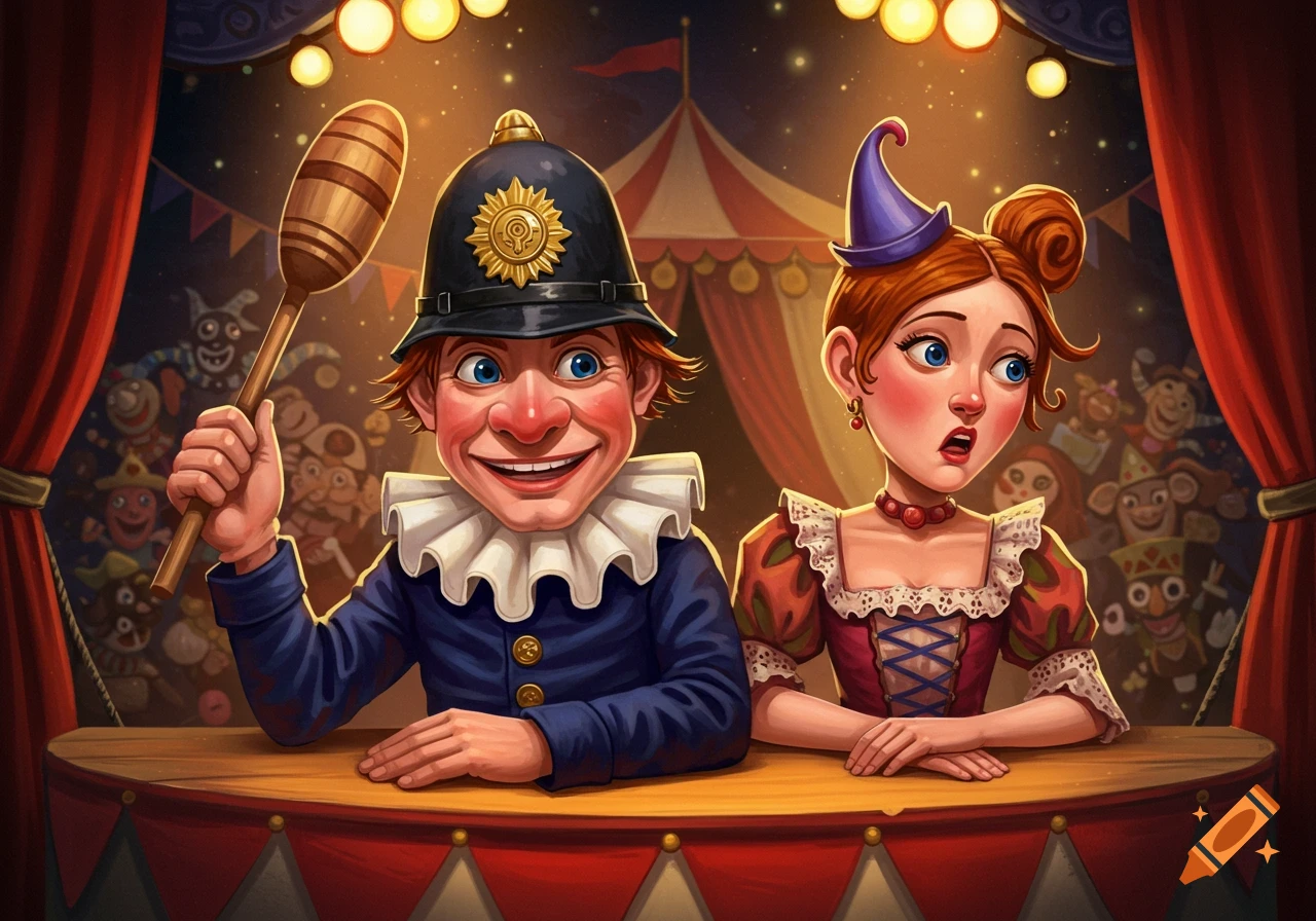 Cartoon illustration of Punch, dressed as a policeman and holding a truncheon, smiling widely next to a surprised Judy on a circus stage.