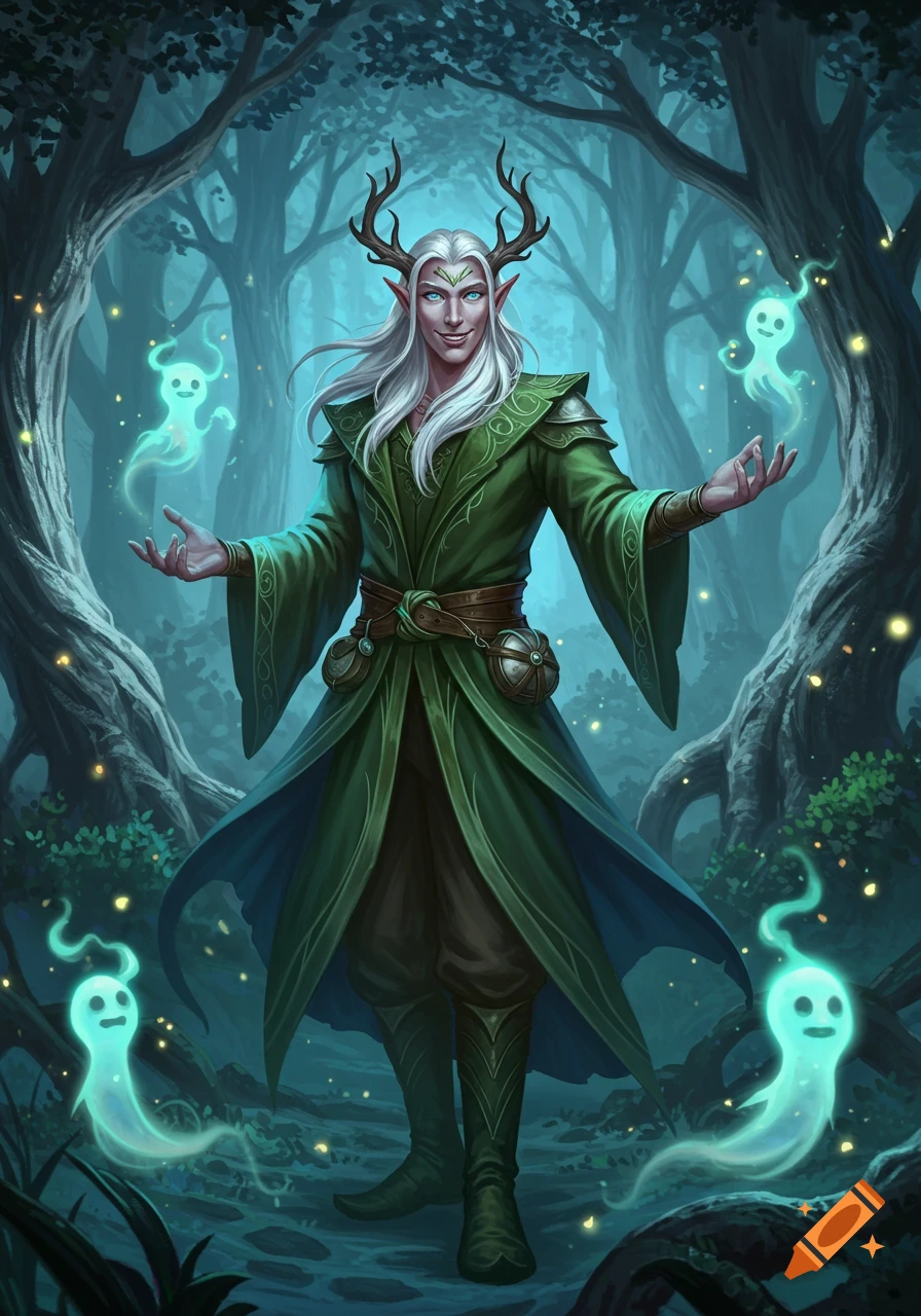A fey warlock with white hair, pointed ears, and antlers stands in a mystical forest, surrounded by glowing spirit creatures.
