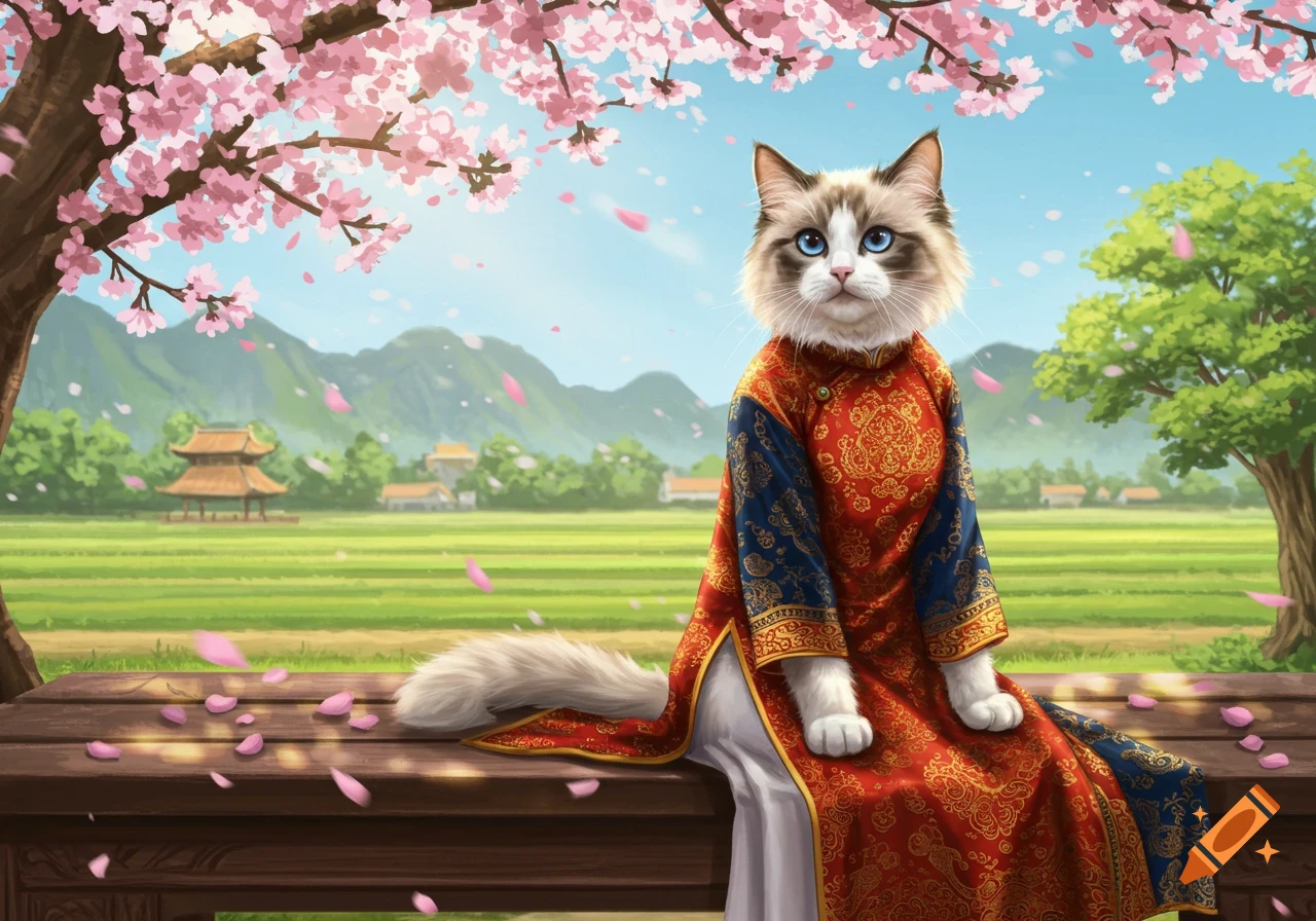 Illustrated Ragdoll cat in a red and blue Vietnamese traditional dress sitting on a bench under cherry blossoms, overlooking fields and mountains.