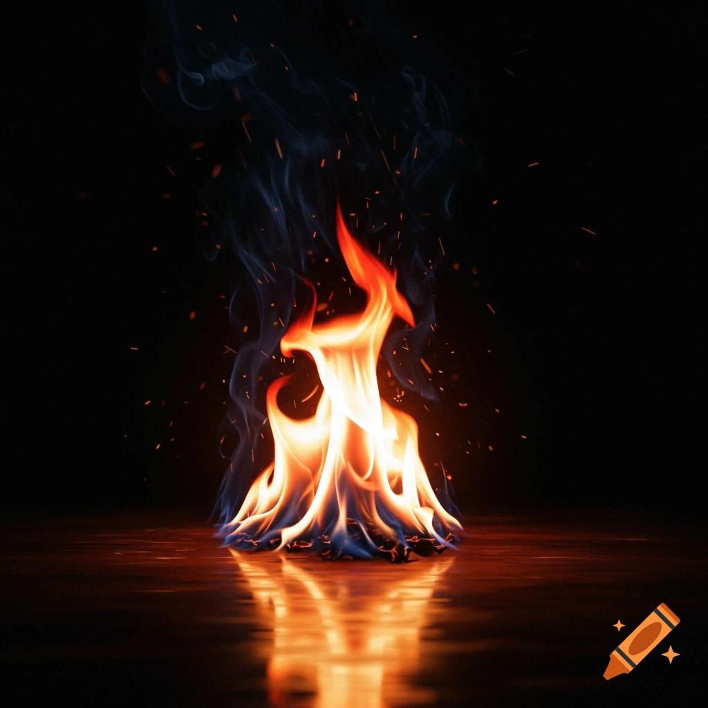 A realistic, detailed single flame with smoke and sparks, reflected on a dark, glossy surface against a black background.