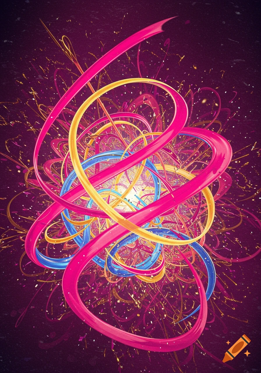 A vibrant abstract image with intertwined pink, yellow, and blue swirling ribbons and lines against a dark, speckled background.
