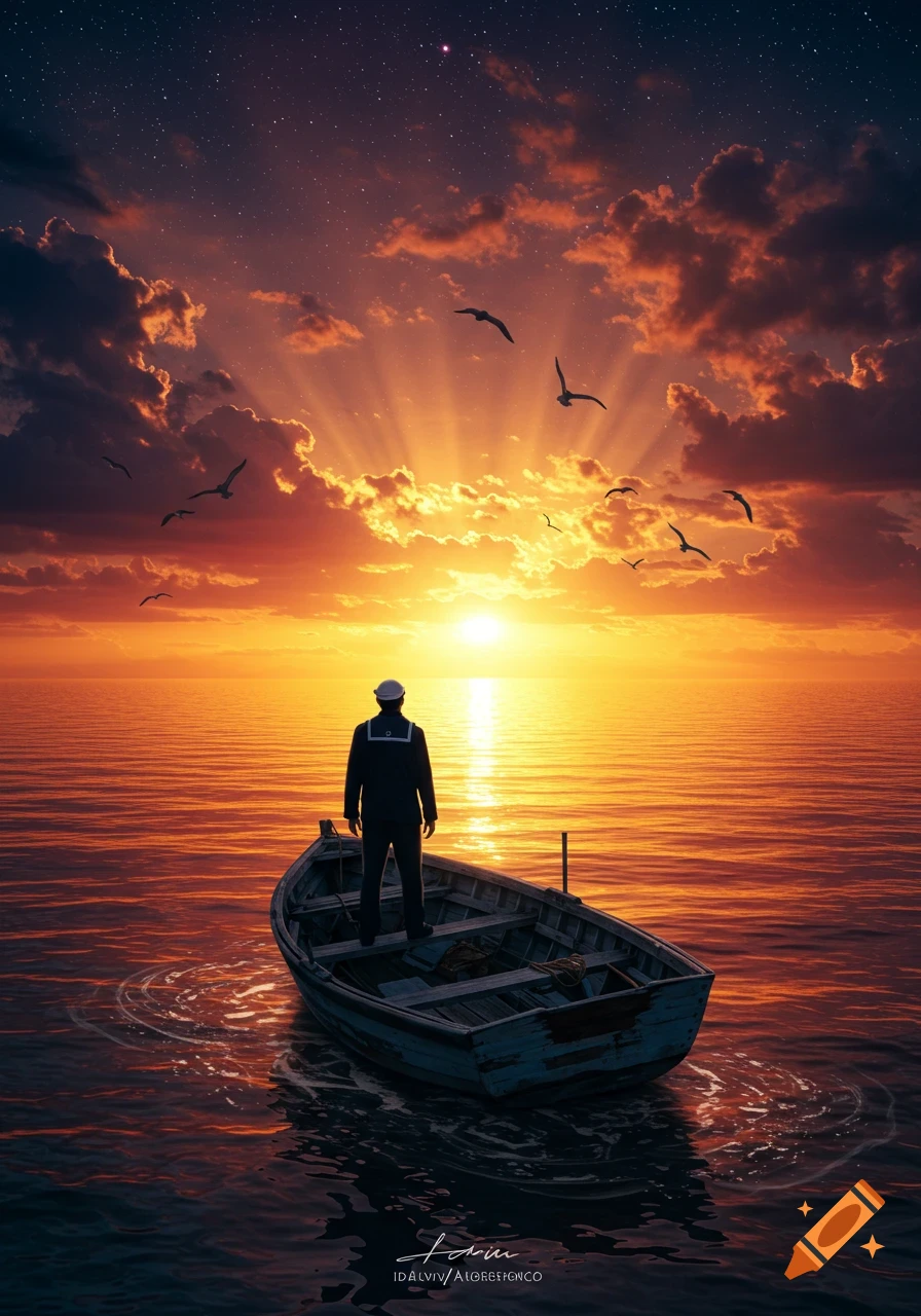 A man in a small boat faces a brilliant orange and purple sunset over the ocean, with sun rays and birds flying.