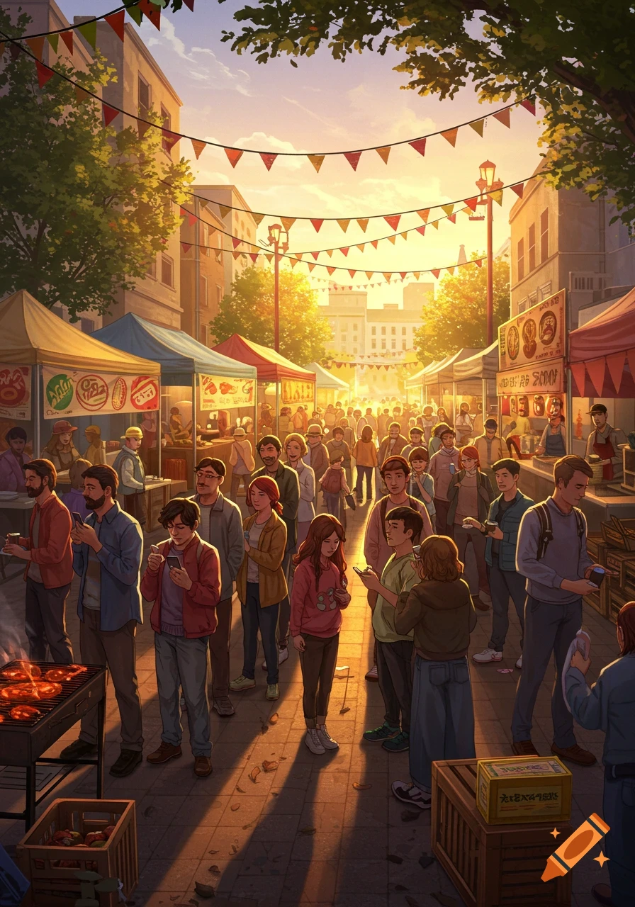 An illustrative image of a vibrant street market at sunset, packed with people browsing food stalls and walking along a city street lined with buildings.