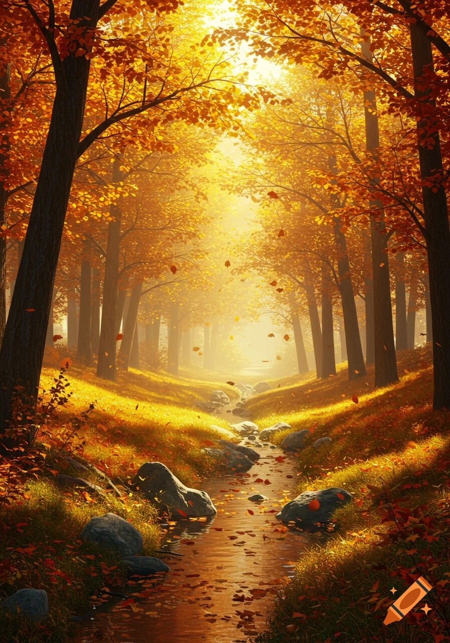 Vibrant autumn forest with golden trees, falling leaves, and a rocky stream under warm sunlight.
