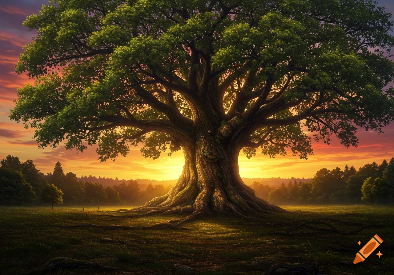 A massive, ancient tree with sprawling roots in a grassy field, under a dramatic orange and purple sunset sky.