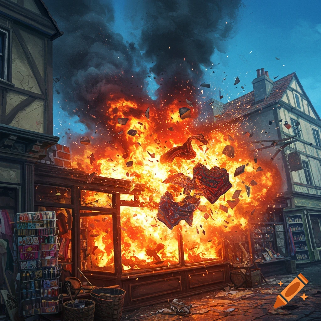 A dramatic realistic illustration of an old shop exploding in a burst of orange flames, black smoke, and flying debris on a street.