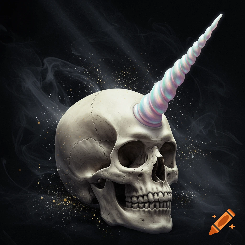 A human skull with a glowing, pastel unicorn horn growing from its forehead, against a dark, smoky background with golden sparkles.