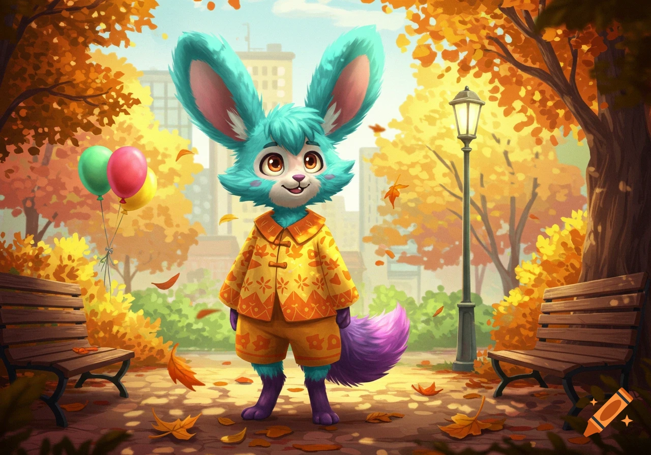 Cute teal furry character in a yellow patterned coat stands in an autumn park with falling leaves, balloons, and benches.