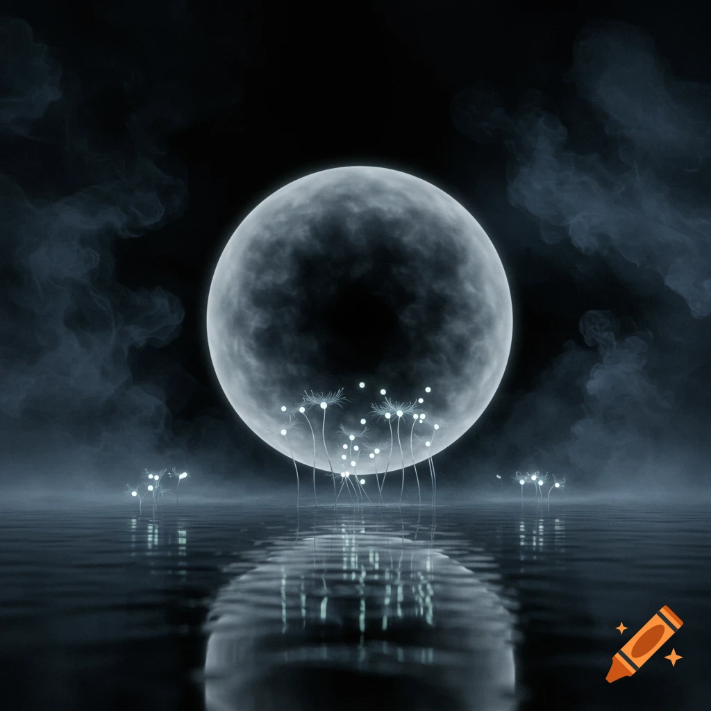 A large glowing moon over dark, reflective water, with bioluminescent plants emerging.