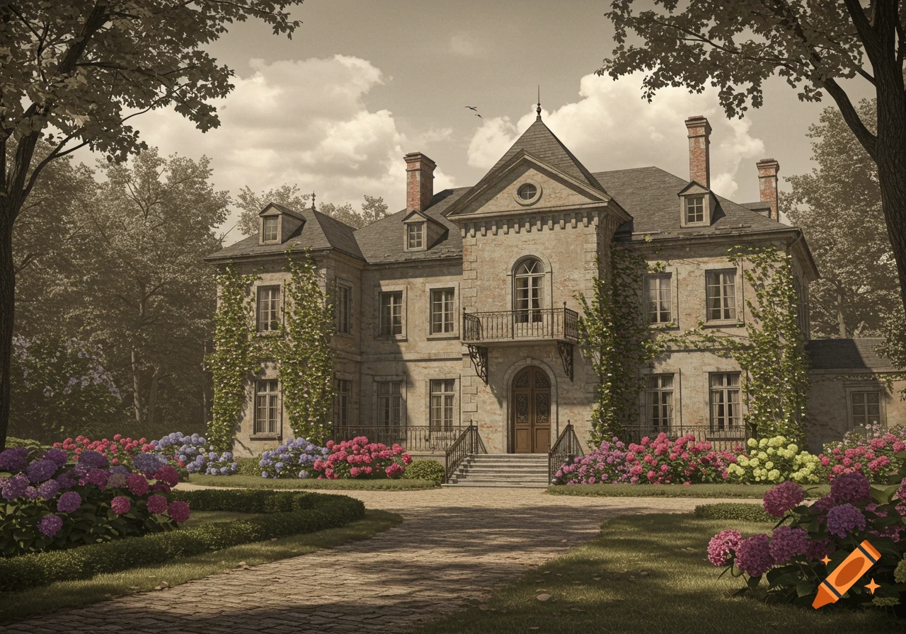A photorealistic image of a grand old stone mansion with climbing vines, surrounded by colorful hydrangeas, trees, and a winding path.