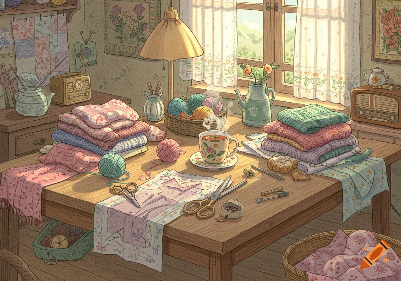 An illustration of a sunlit crafting table filled with yarn, fabric, sewing tools, stacks of knitted clothes, a teacup, and radios, suggesting a cozy domestic scene.