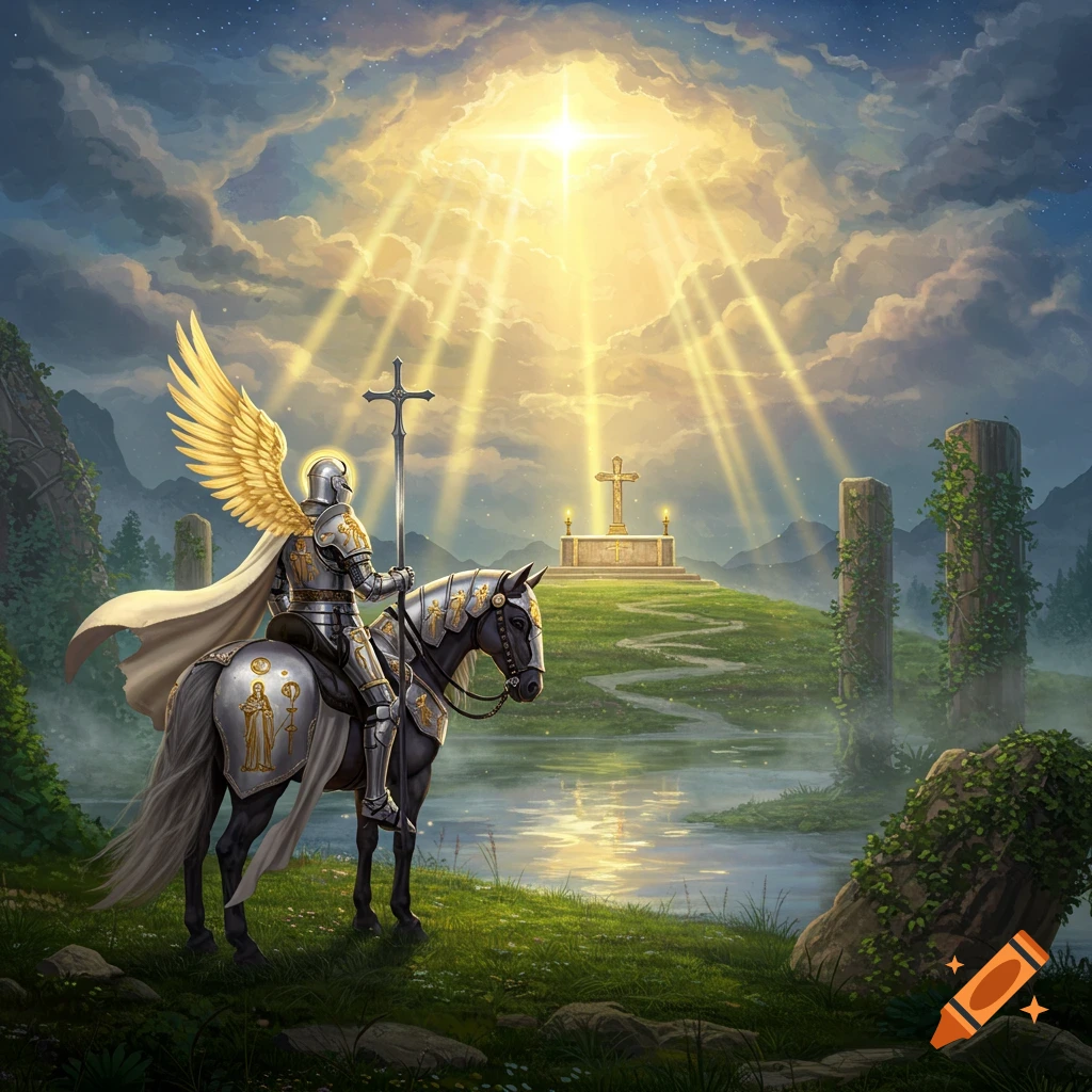 A majestic winged knight on a horse looks towards a glowing cross on a hill, bathed in divine light under a starry sky.