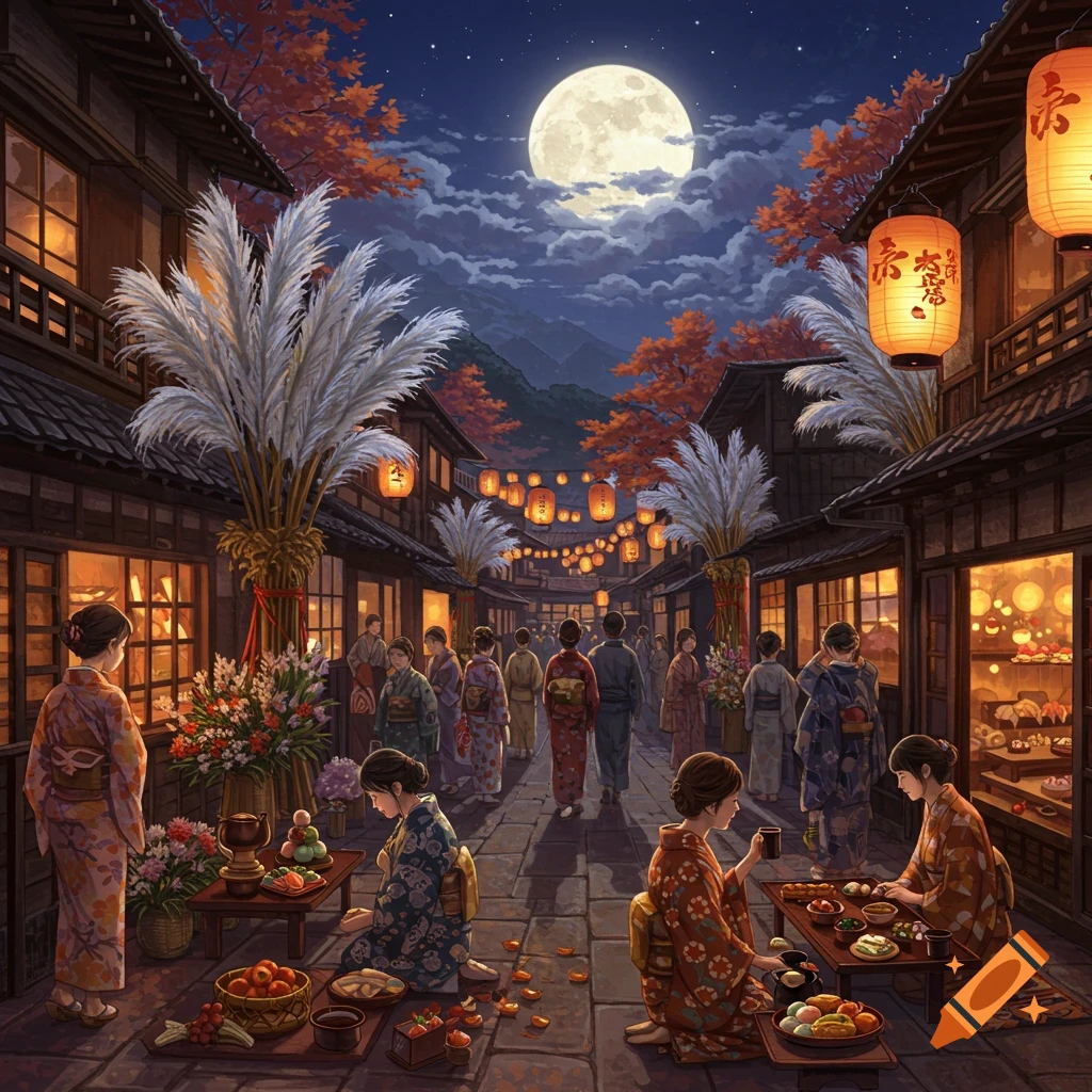 A vibrant Japanese street festival at night, with people in kimonos, glowing lanterns, and pampas grass under a large full moon.