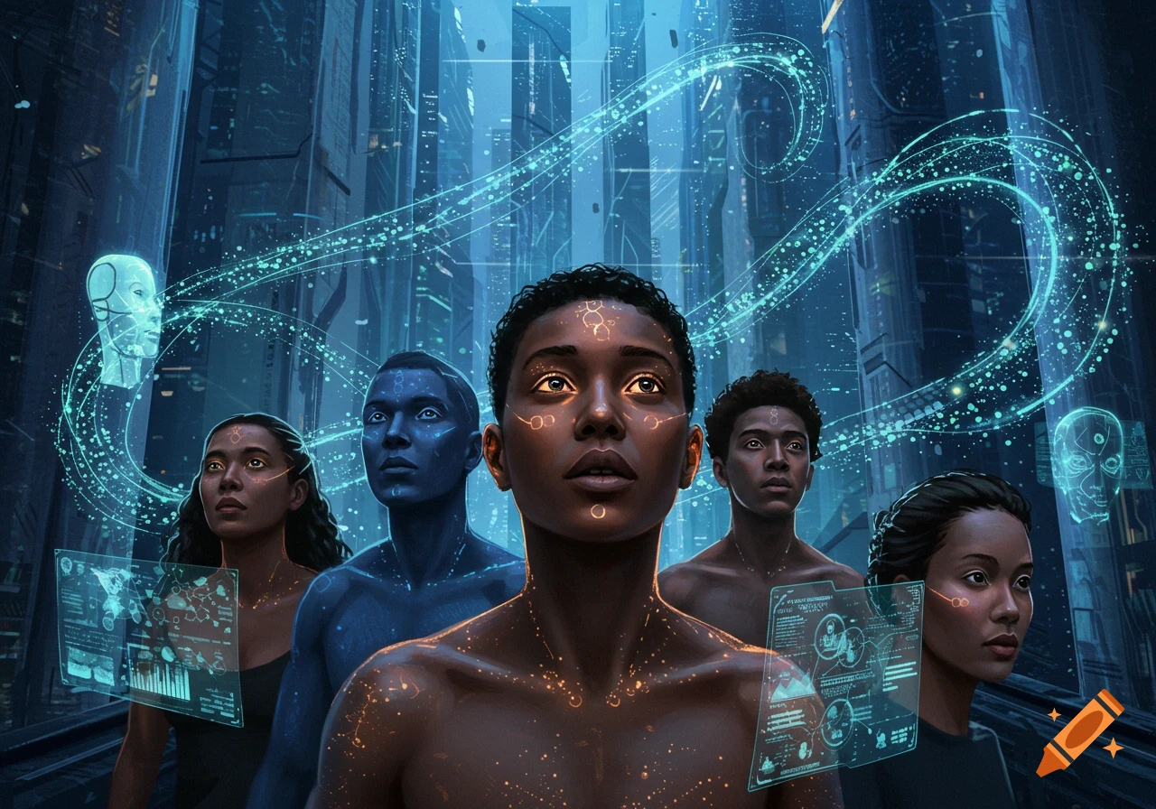 Diverse people with glowing markings and holographic interfaces look up in a futuristic blue cityscape.
