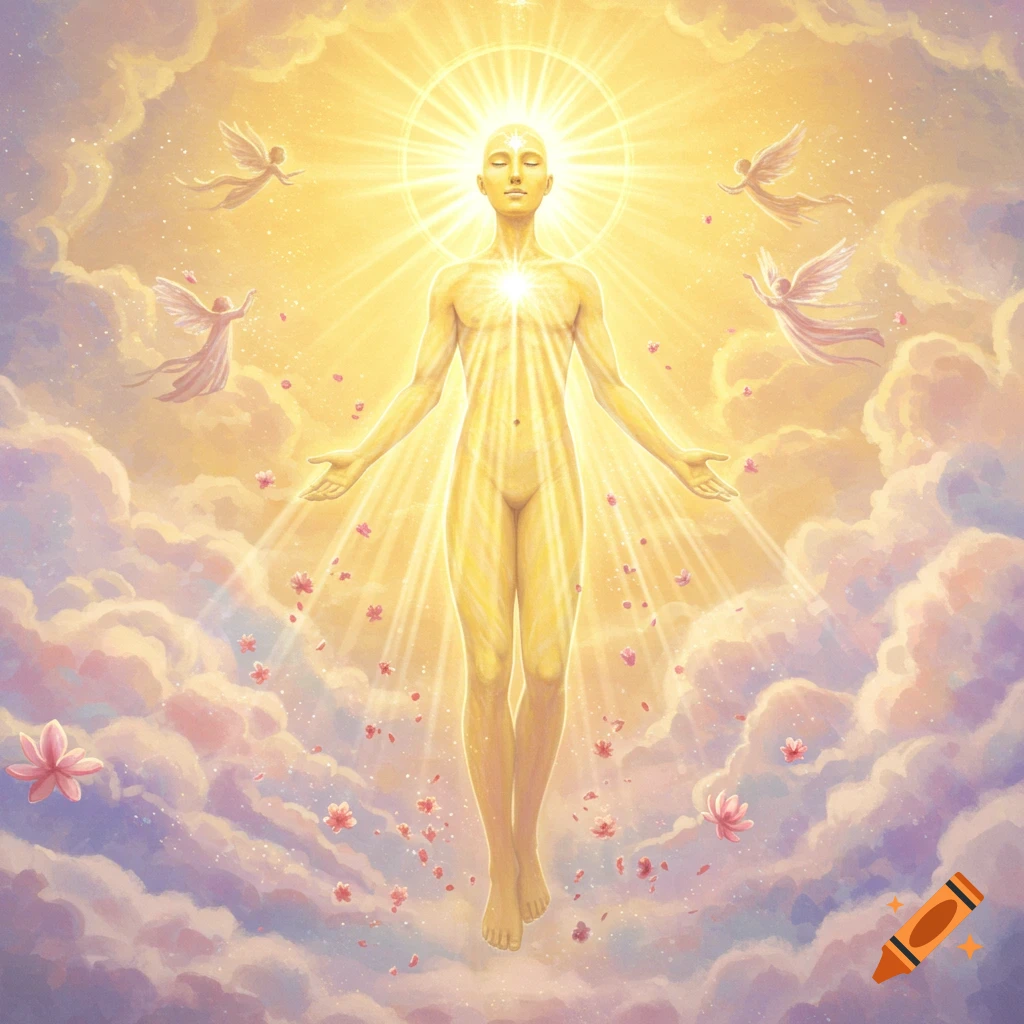 An ethereal glowing human figure floats amidst clouds, surrounded by rays of light, small winged angels, and falling flowers in a spiritual illustration.