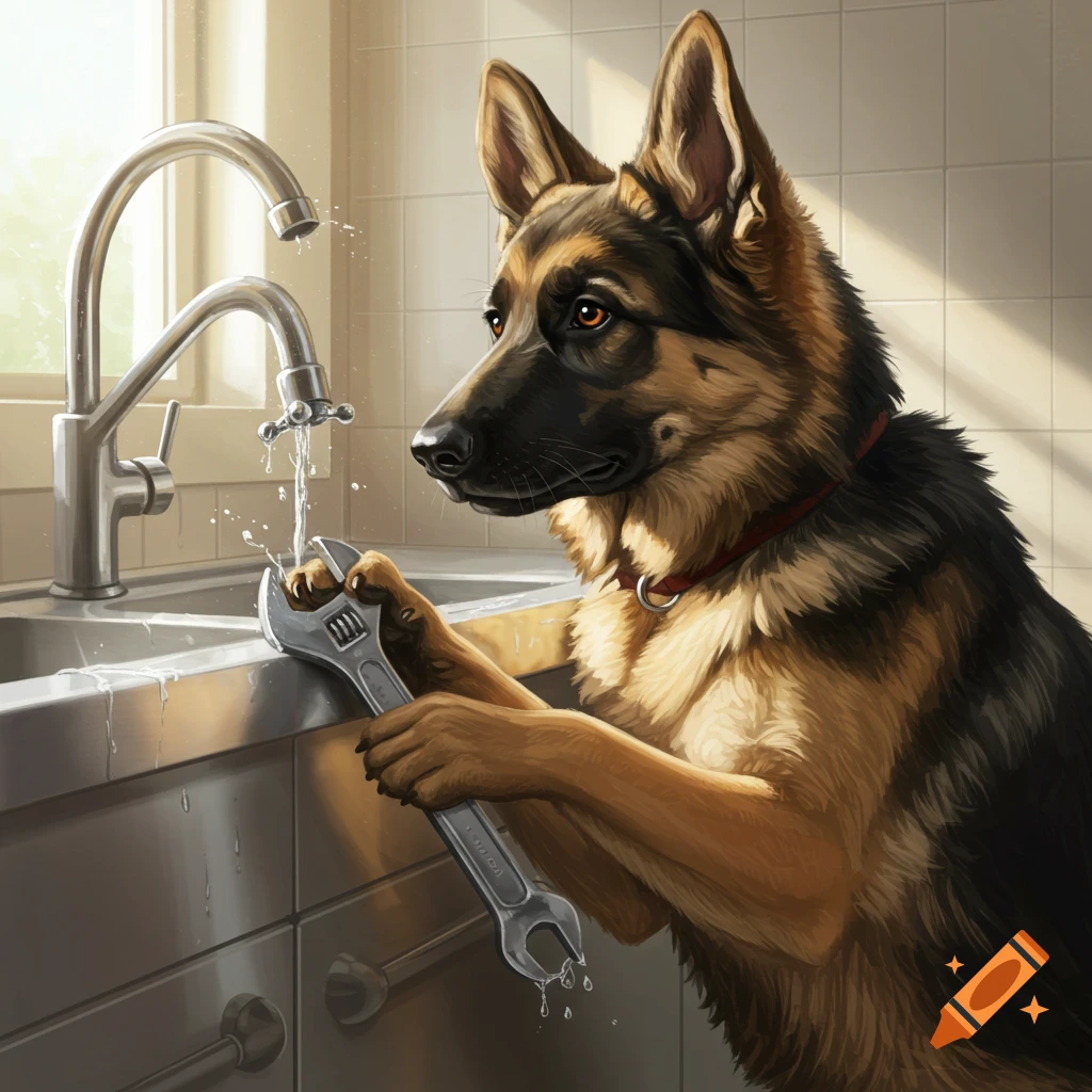 A realistic German Shepherd dog uses a wrench to fix a leaky faucet at a kitchen sink.