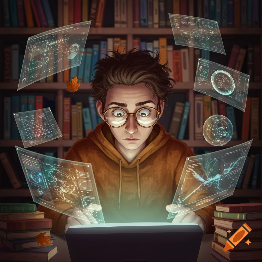 A stylized illustration of a young man with glasses looking at a glowing laptop, surrounded by holographic screens and a bookshelf.
