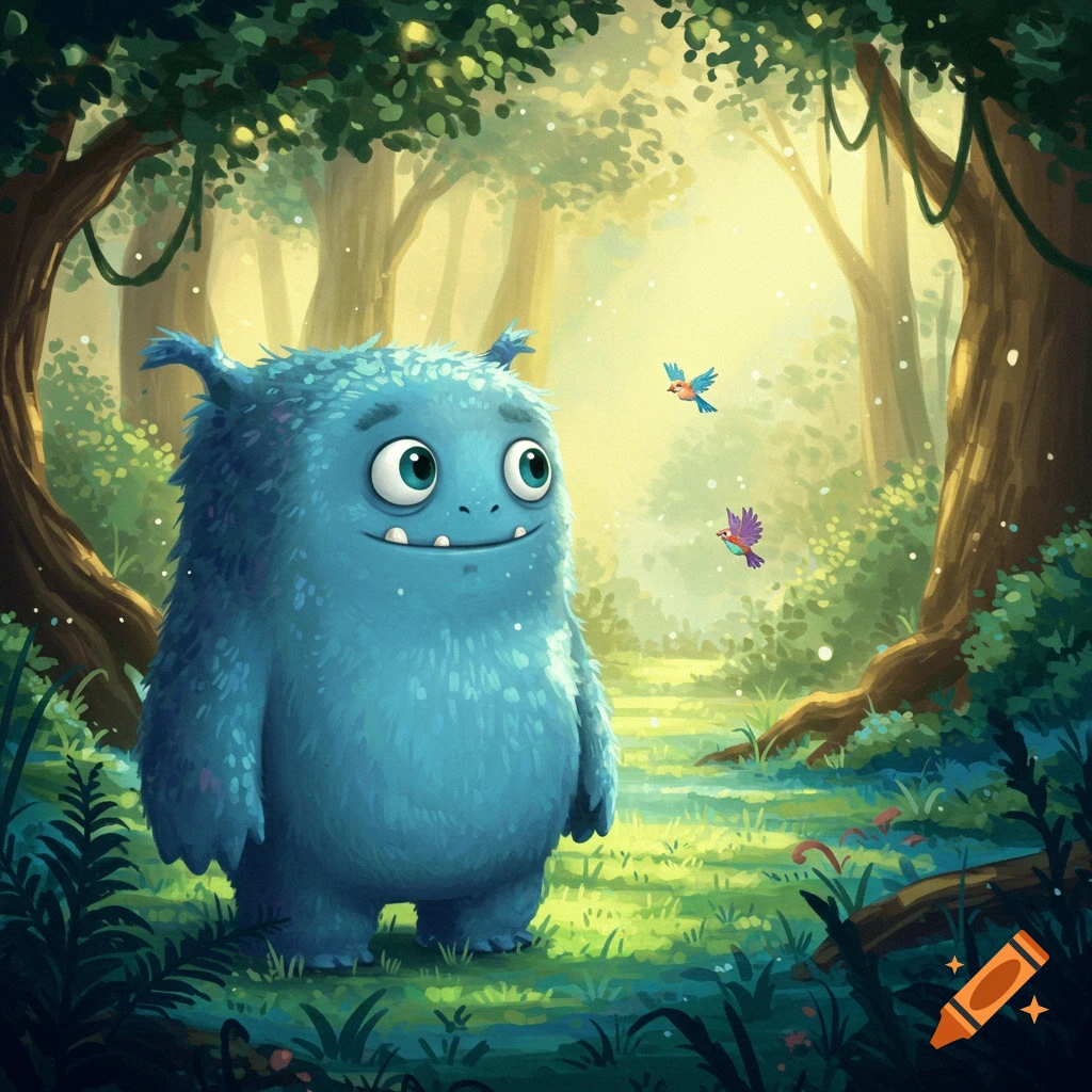 A cute, fluffy blue monster with big eyes stands smiling in a sunlit green forest with small birds flying. Cartoon illustration.