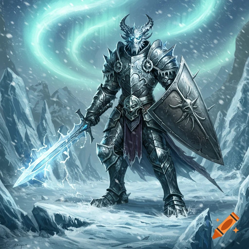 Icy silver dragonborn paladin in ornate armor, wielding a glowing sword and spiked shield, stands in a snowy mountain landscape under an aurora.