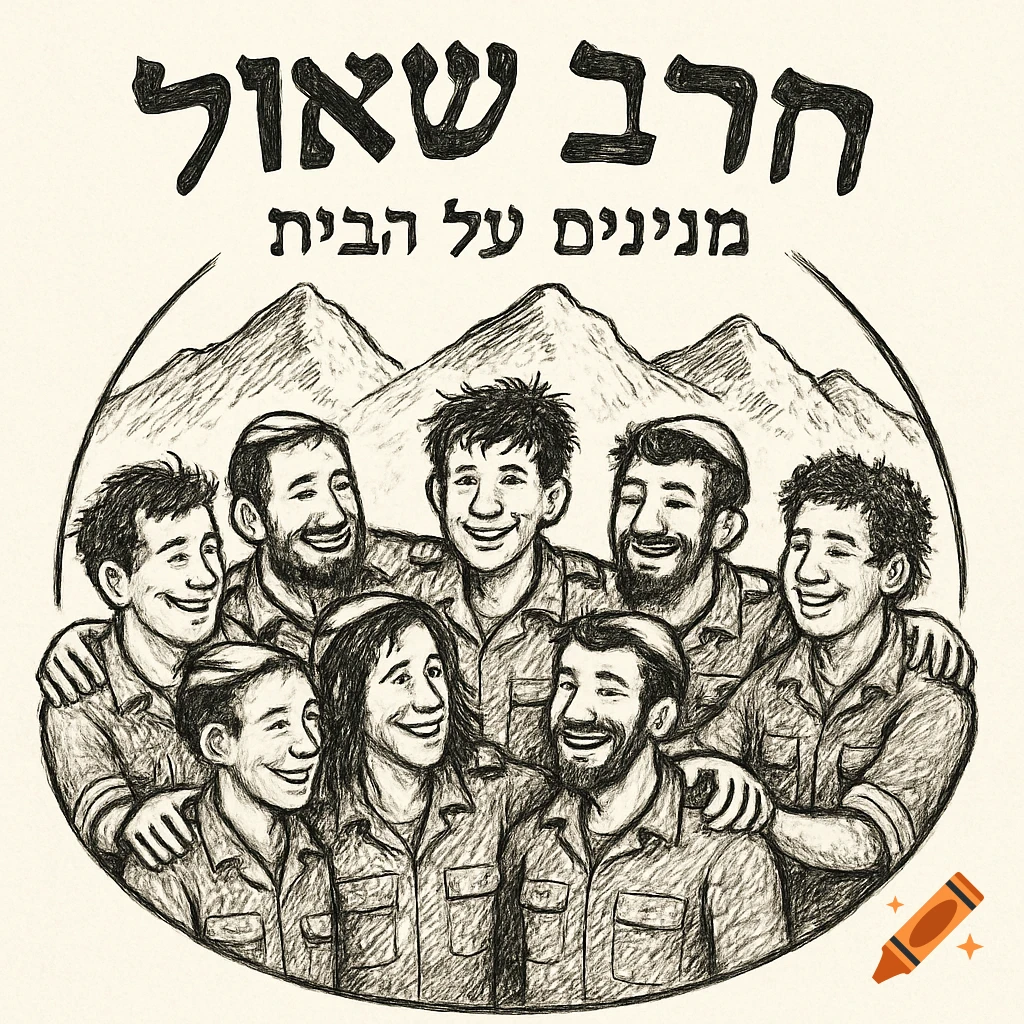 Black and white sketch of seven smiling soldiers in uniform, some with yarmulkes, embraced in a circle with mountains behind them. Hebrew text at the top.