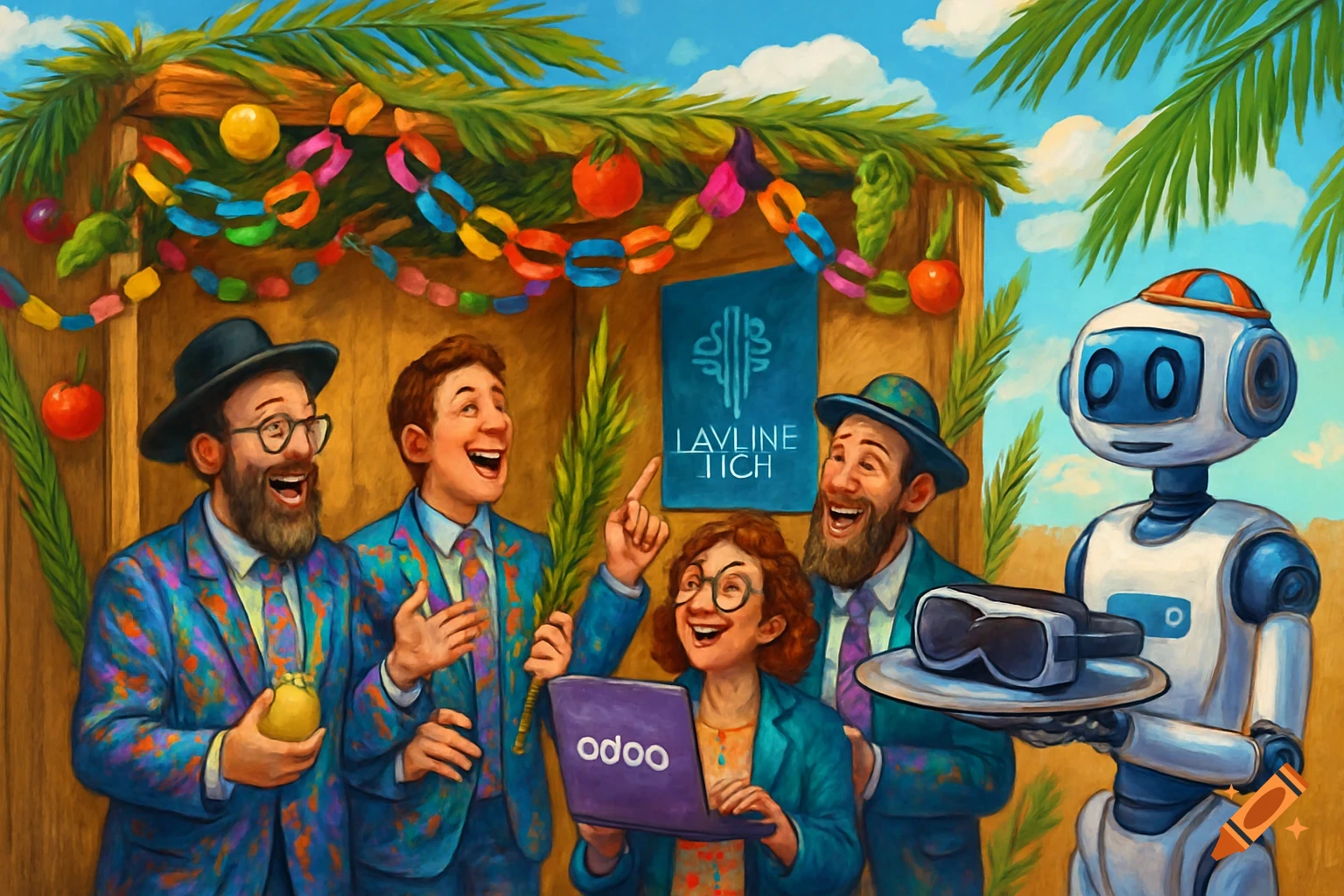 A festive Sukkot celebration with people in colorful suits, a robot serving VR goggles, and a woman holding a laptop, all laughing joyfully.