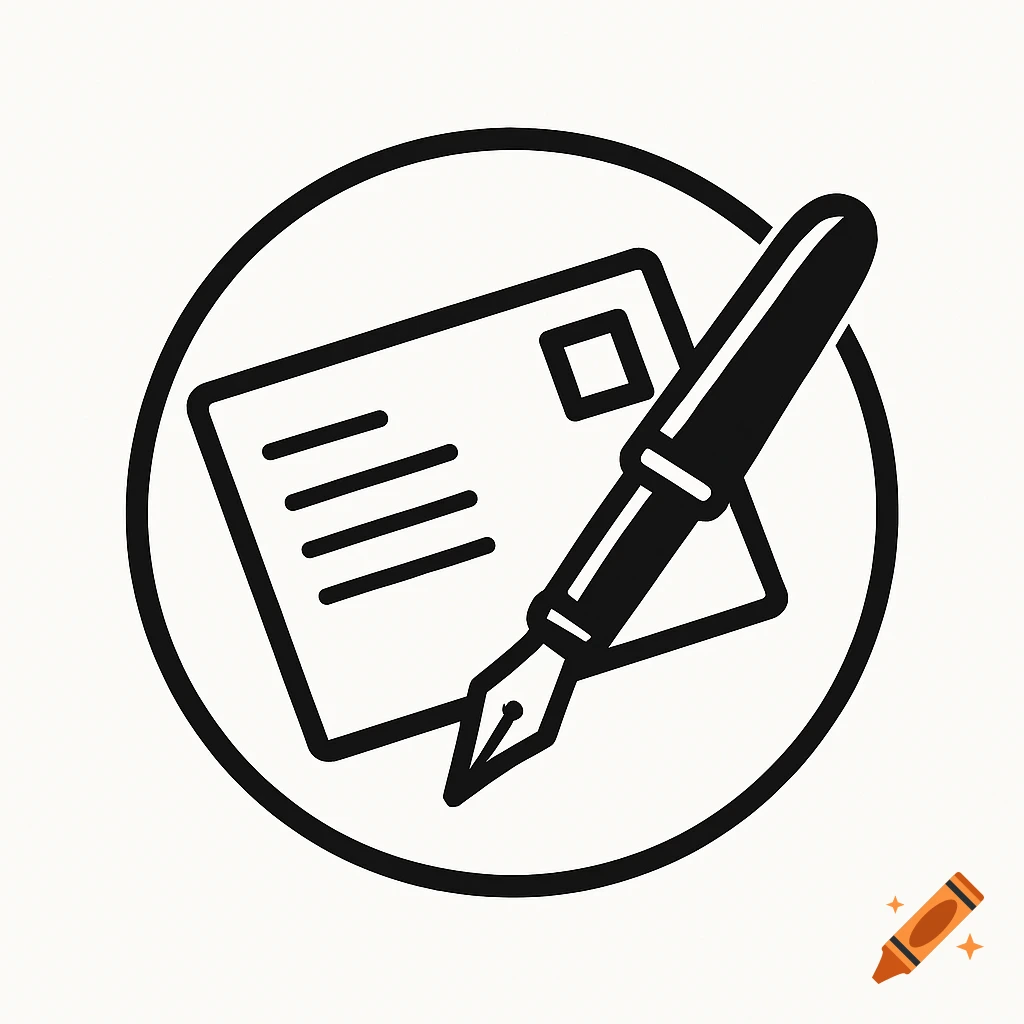 Black and white circular logo featuring a postcard with implied text lines and a stamp, crossed by a fountain pen.