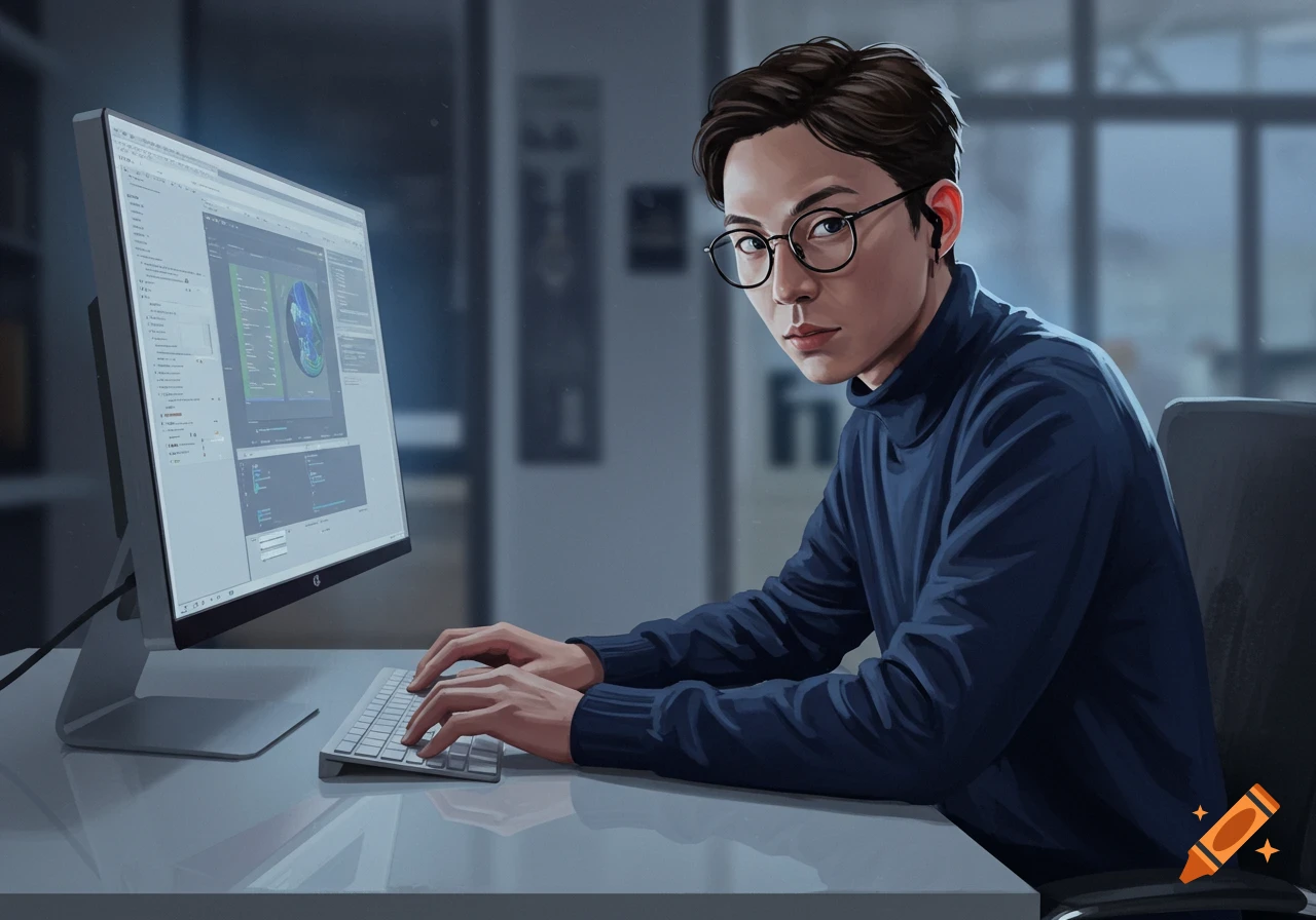 A young man with glasses and a blue turtleneck works on a computer, looking at the camera in a modern office.