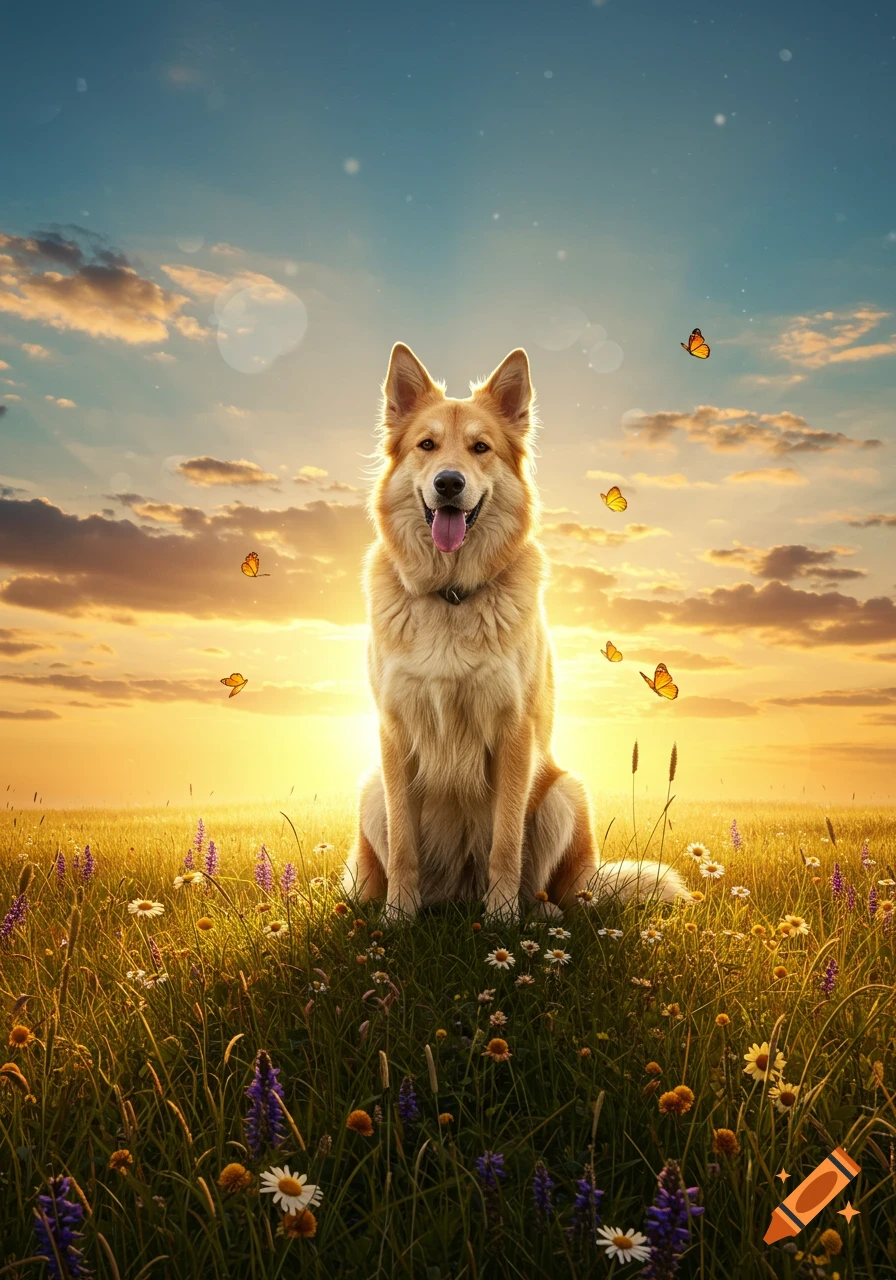 Photorealistic image of a golden-colored dog sitting in a sunlit field of purple and white wildflowers with butterflies.