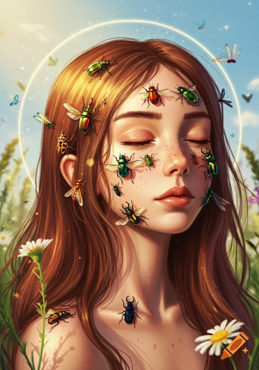 A serene young woman with closed eyes and freckles, covered in colorful beetles and insects, surrounded by flowers in a sunny field.