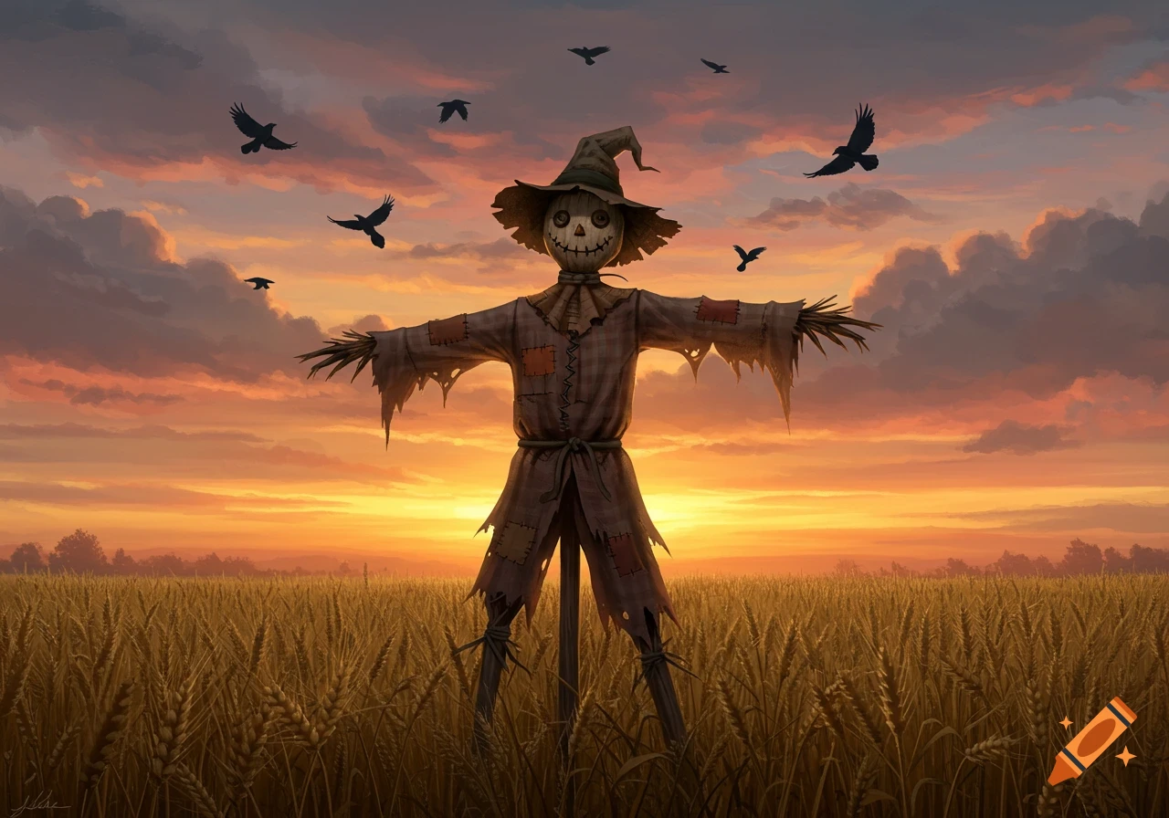 A stylized scarecrow with a jack-o'-lantern face stands in a golden wheat field at sunset, with birds flying in the orange sky.