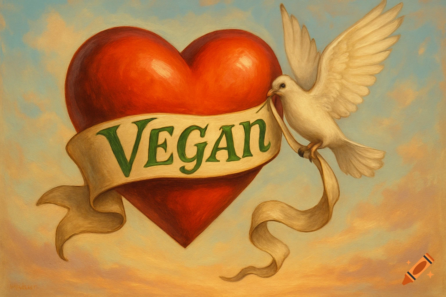 A painting of a red heart with a banner across it reading 'VEGAN', held by a white dove flying upwards, against a cloudy sky.